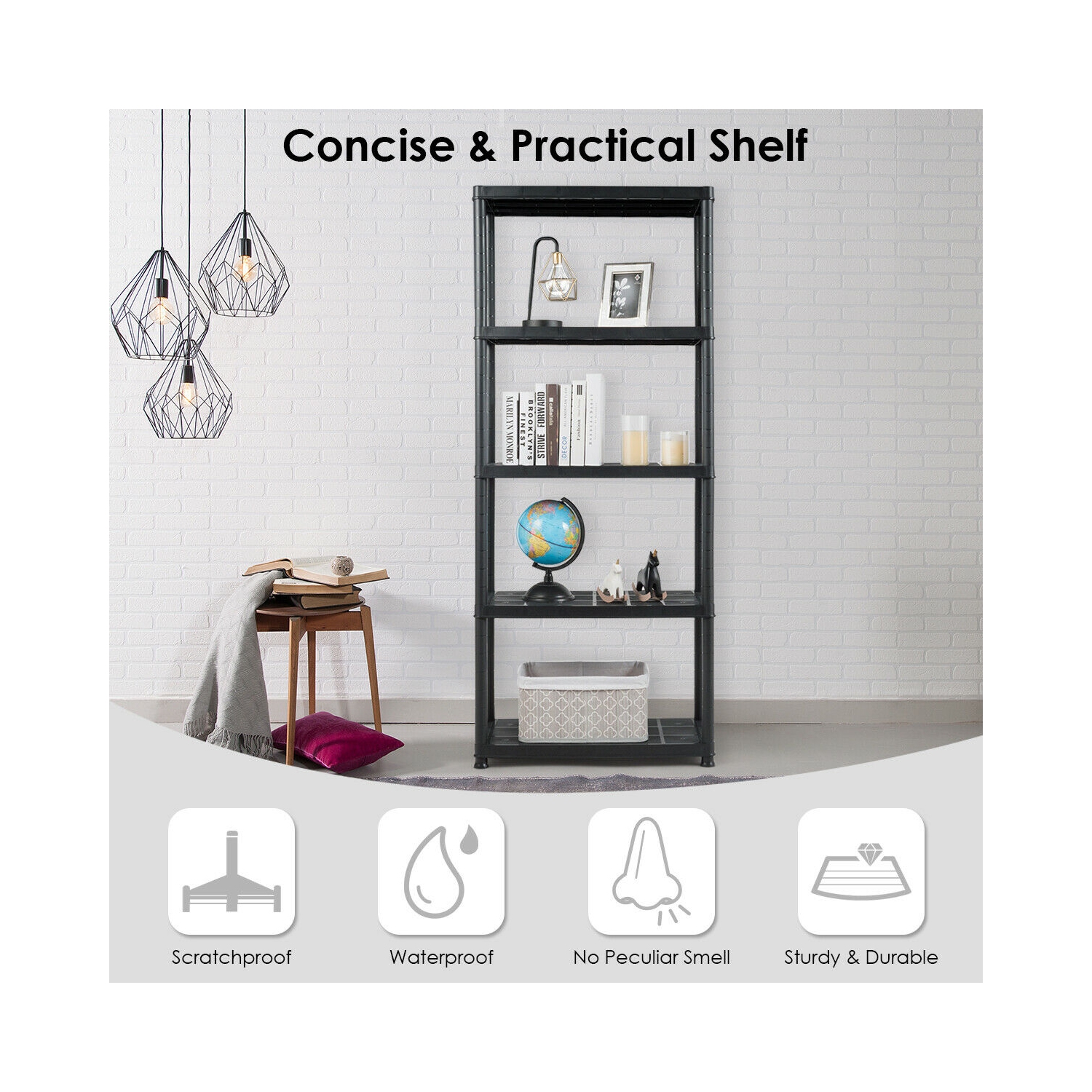 Gymax 5-Tier Storage Shelving Freestanding Heavy Duty Rack 33.5"L X 16"W X 73"H Black