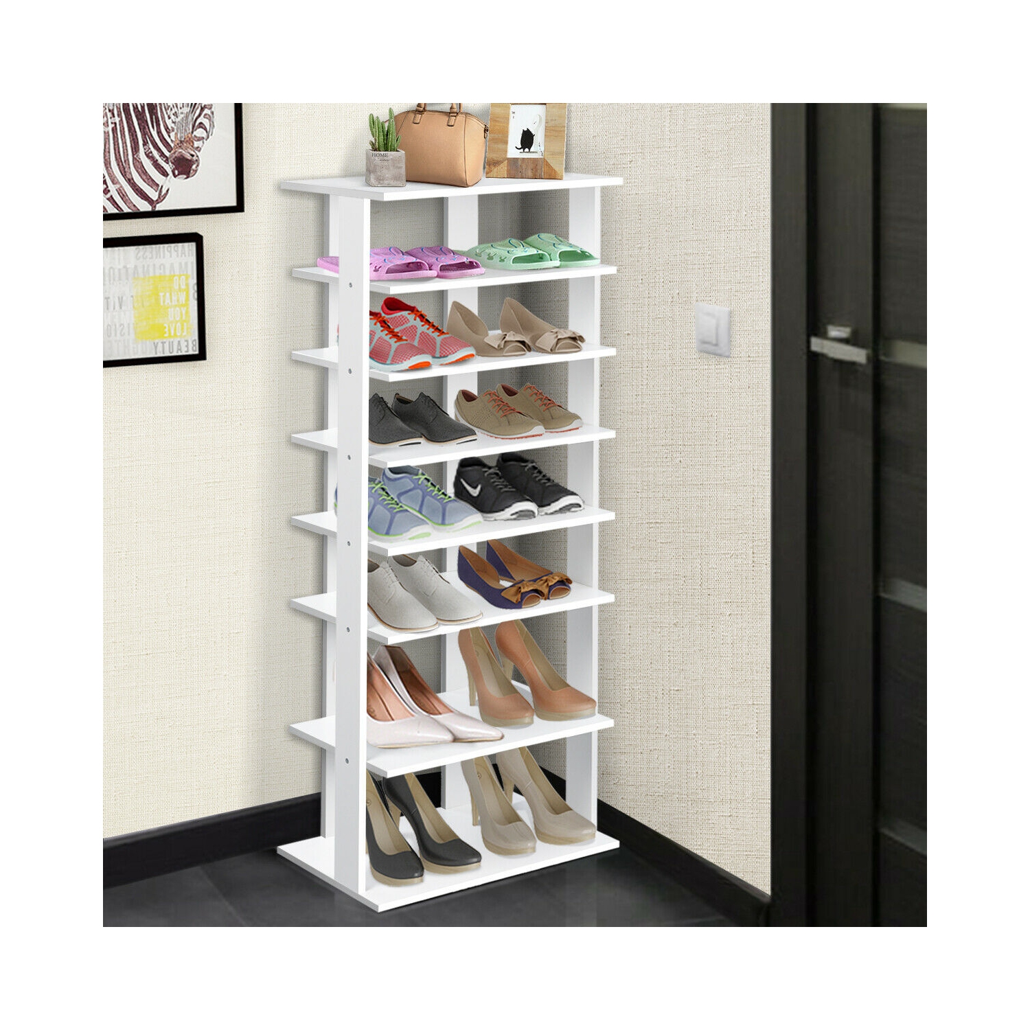 Gymax Patented Wooden Shoes Storage Stand 7 Tiers Big Shoe Rack Organizer Multi-Shoe Rack