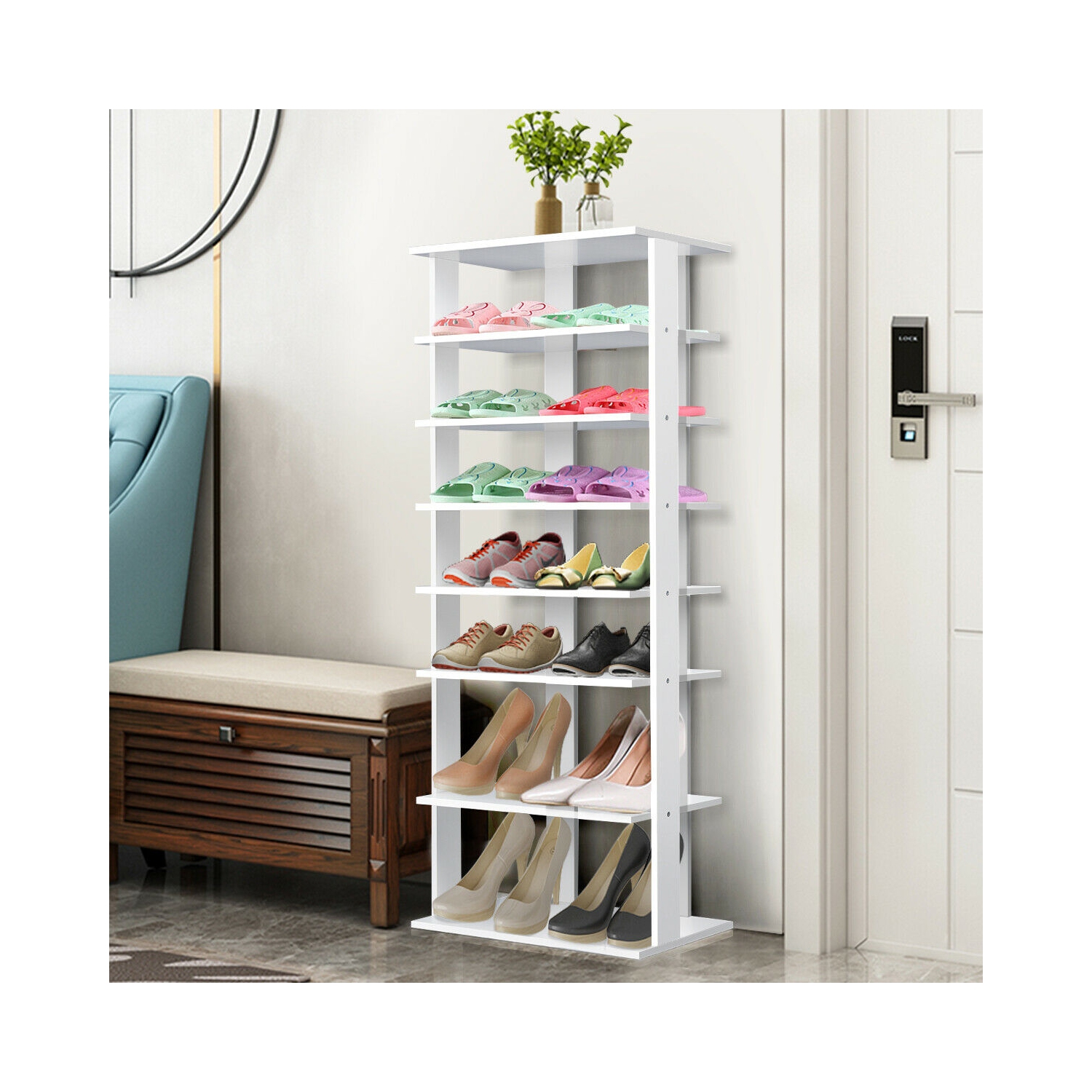 Gymax Patented Wooden Shoes Storage Stand 7 Tiers Big Shoe Rack Organizer Multi-Shoe Rack