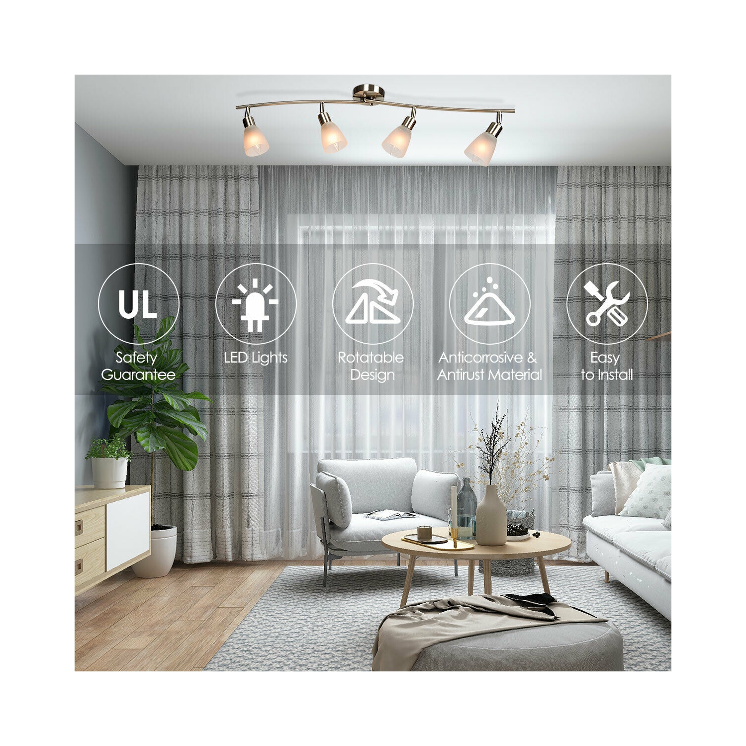 Gymax Rotatable 4-Light Track Light Glass Shade Chandelier Spotlight