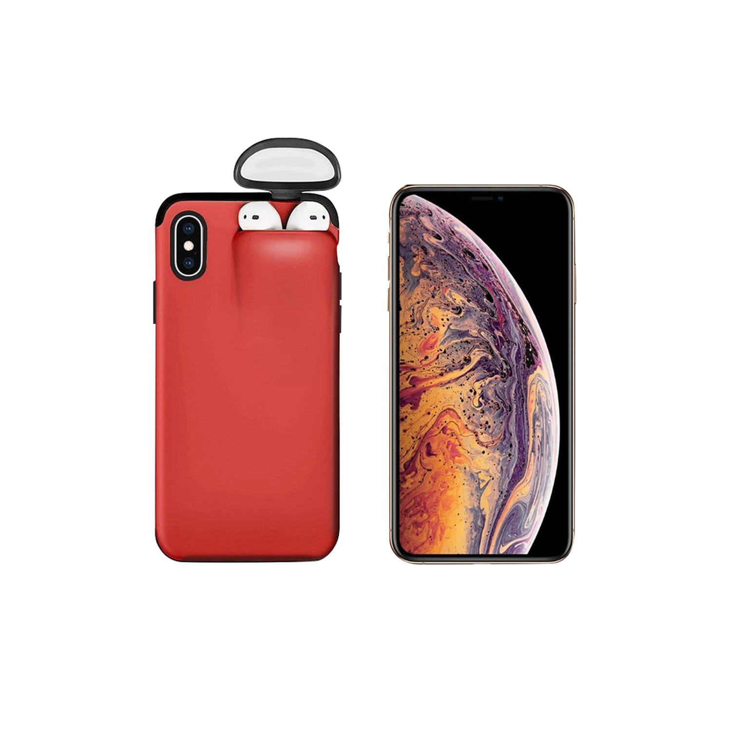 Unified Protection Silicone Gel Rubber 2 in 1 AirPods Phone Cover Case For Apple iPhone XS Max (AirPods 1/2 Only) - Red