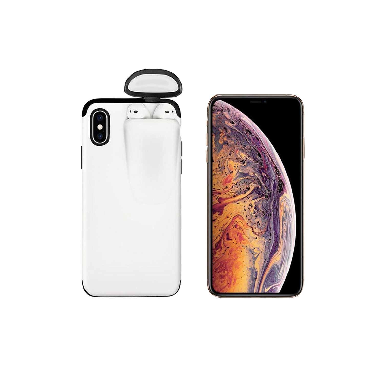 Unified Protection Silicone Gel Rubber 2 in 1 AirPods Phone Cover Case For Apple iPhone XS Max (AirPods 1/2 Only) -White