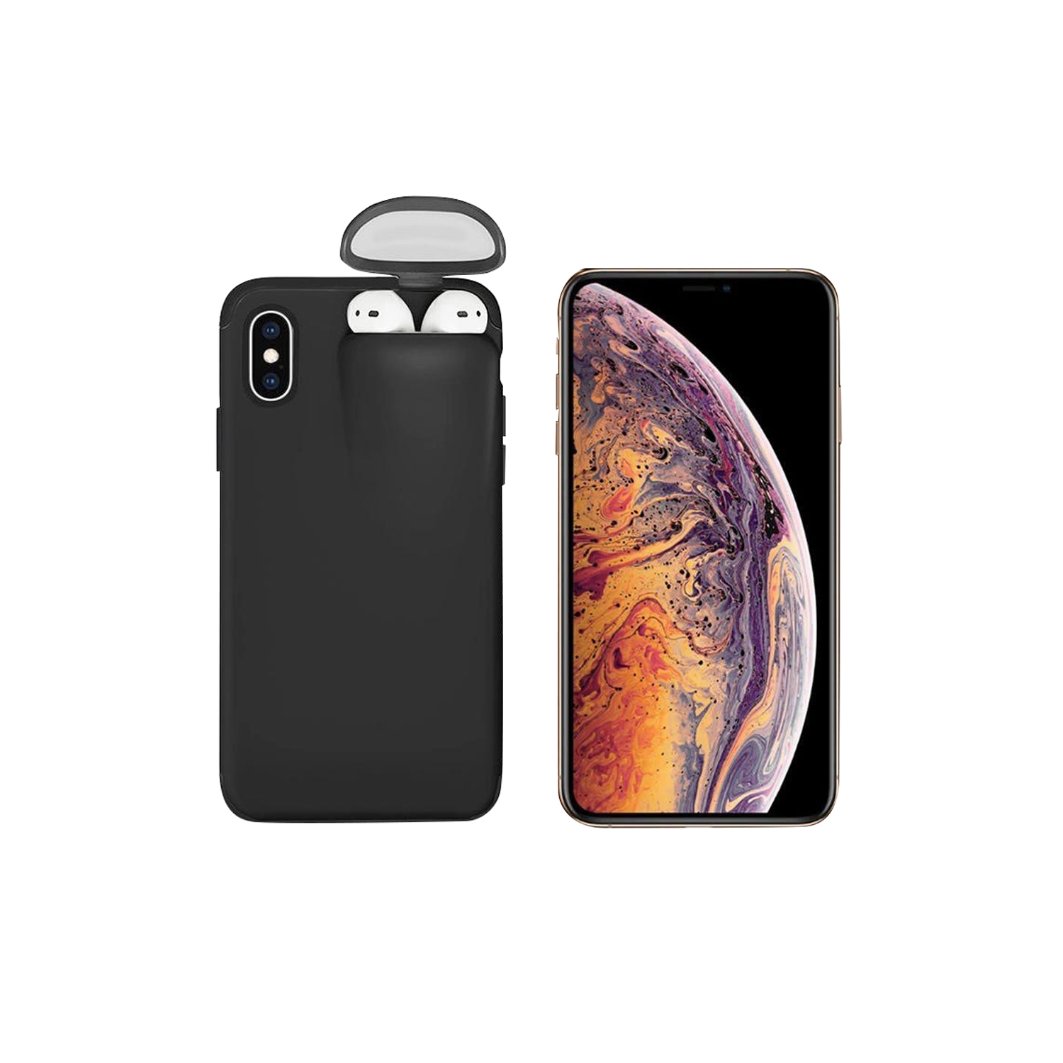 Unified Protection Silicone Gel Rubber 2 in 1 AirPods Phone Cover Case For Apple iPhone XS Max (AirPods 1/2 Only)- Black
