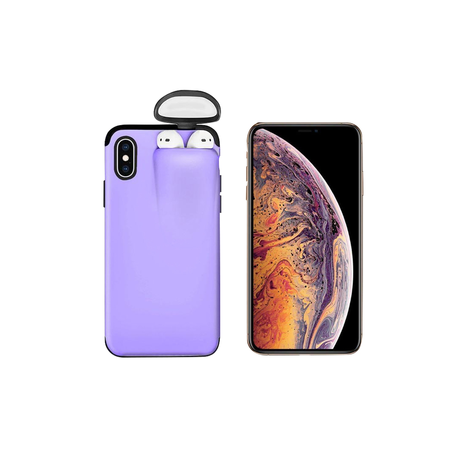 Unified Protection Silicone Gel Rubber 2 in 1 AirPods Phone Cover Case For Apple iPhone XS Max (AirPods 1/2 Only)-Purple