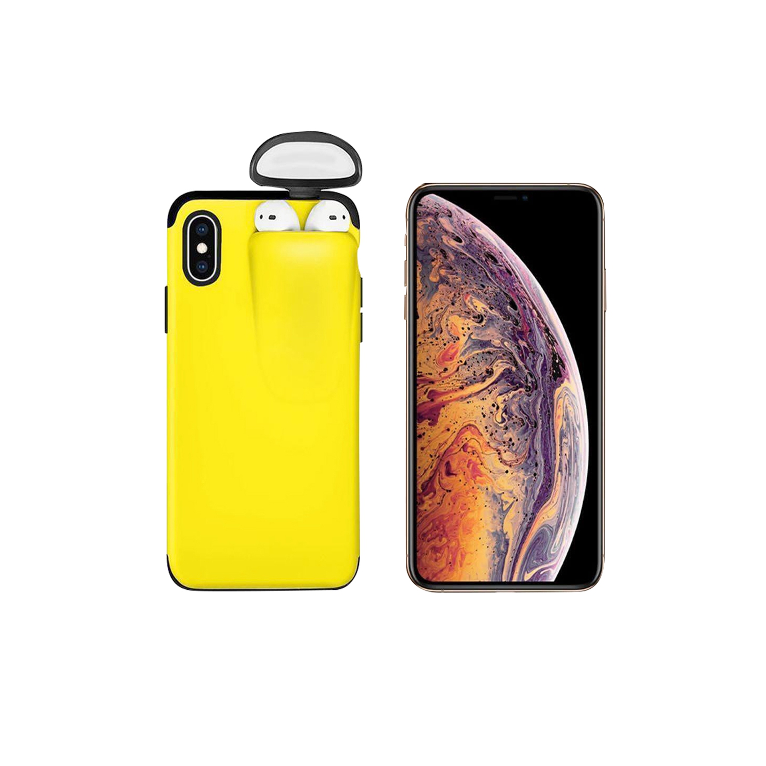 Unified Protection Silicone Gel Rubber 2 in 1 AirPods Phone Cover Case For Apple iPhone XS Max (AirPods 1/2 Only)–Yellow