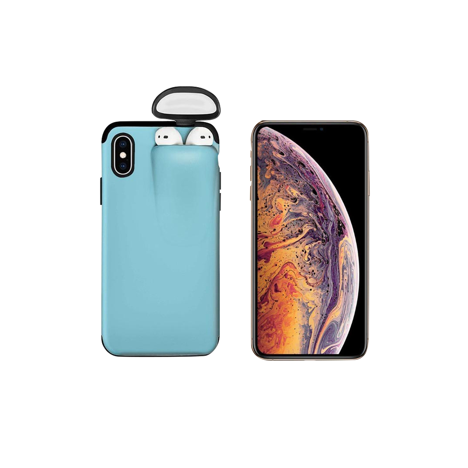 Unified Protection Silicone Gel Rubber 2 in 1 AirPods Phone Cover Case For iPhone XS Max (AirPods 1/2 Only) - Sky Blue
