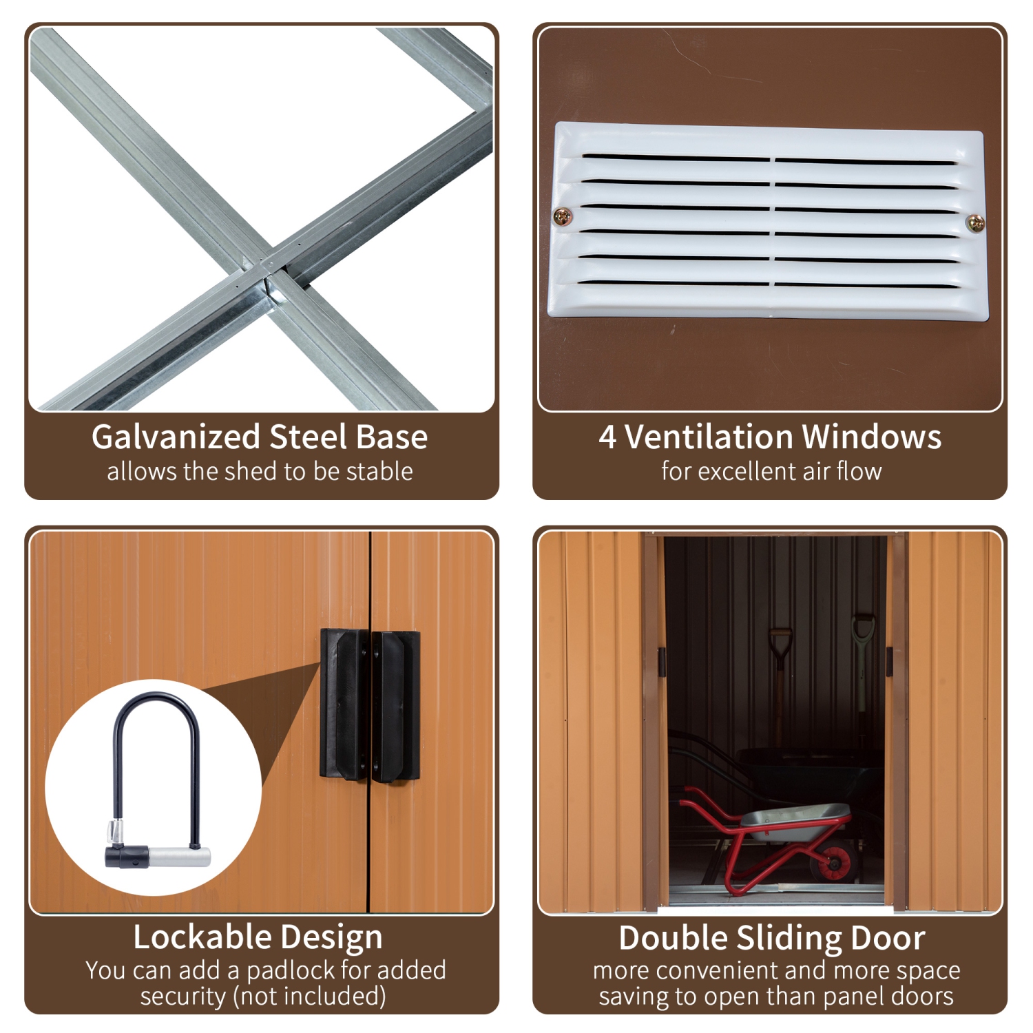 Remise de jardin Outsunny de 9 x 6 pi avec trousse de base, rangement pour outils en métal avec portes doubles pour cour extérieure, brun