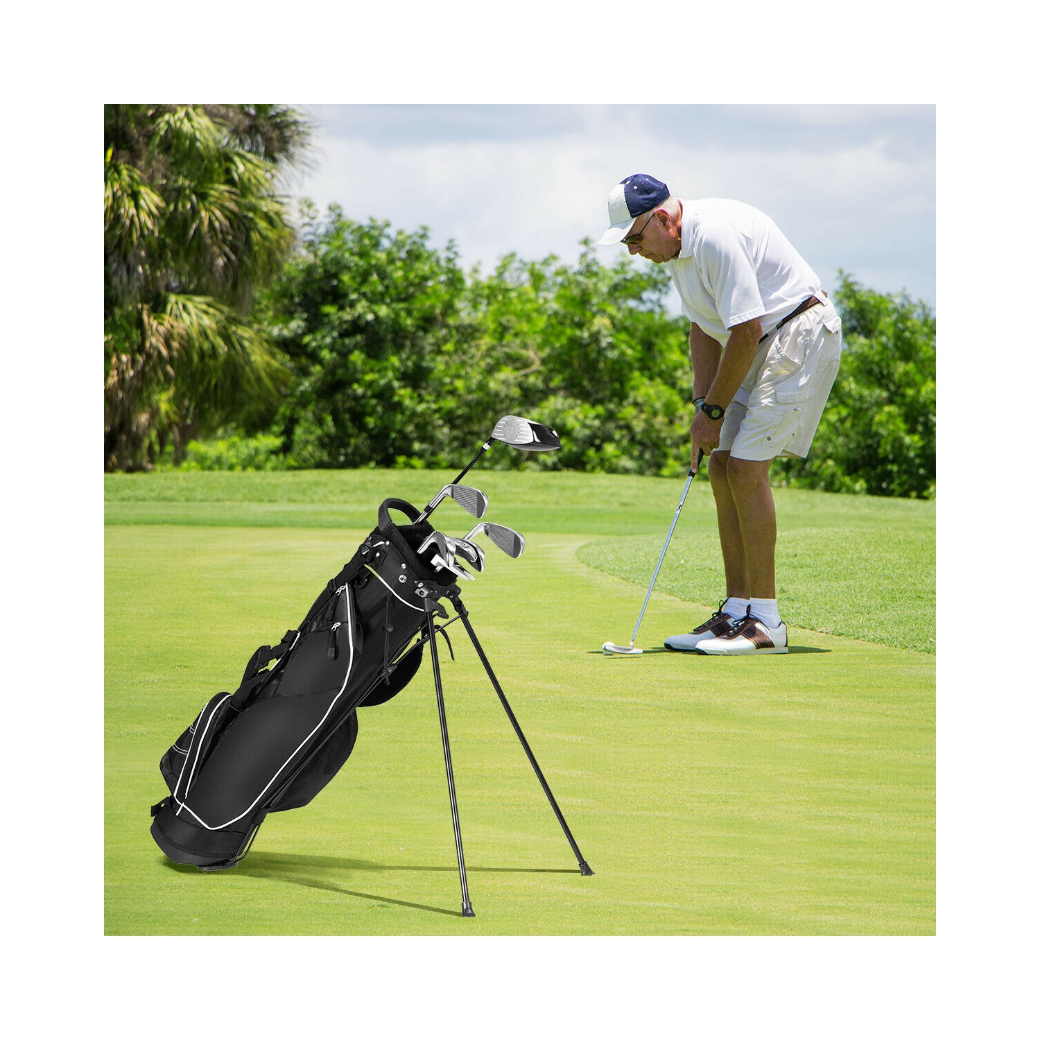 Gymax Black Golf Stand Cart Bag Club with Carry Organizer Pockets