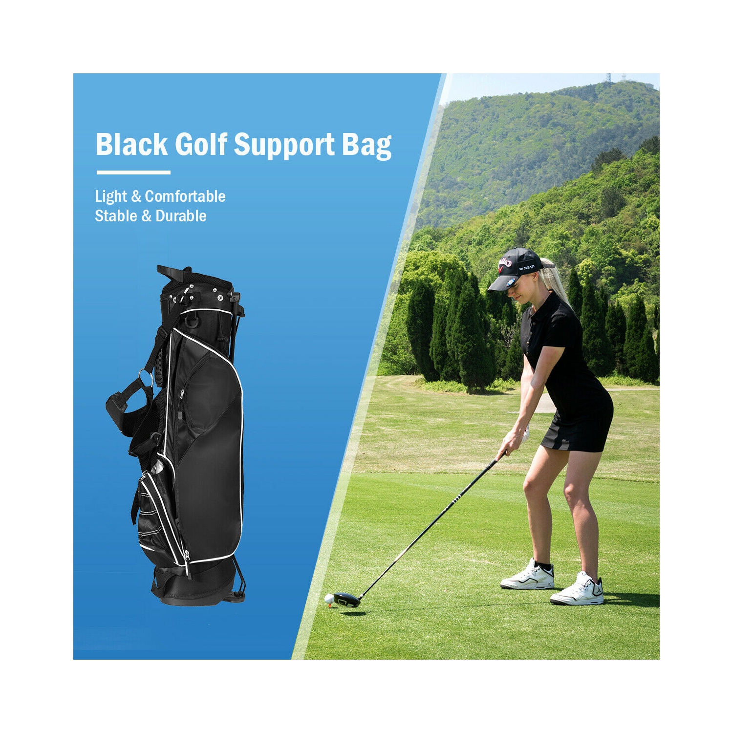 Gymax Black Golf Stand Cart Bag Club with Carry Organizer Pockets