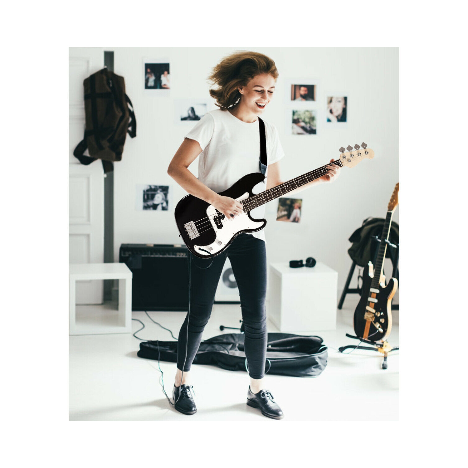 Gymax Electric Bass Guitar Full Size 4 String w/ Bag Strap Guitar Pick Amp Cord Black