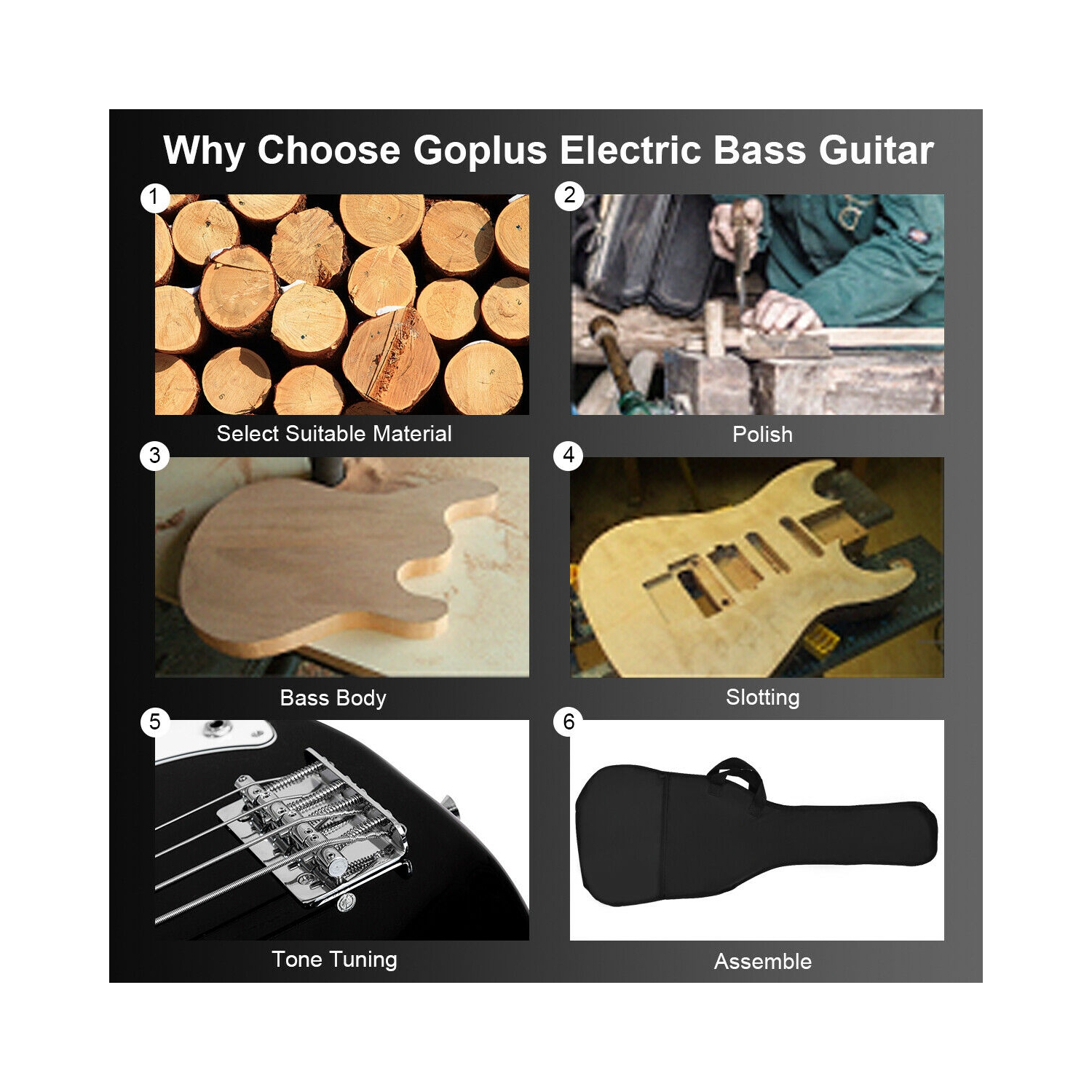 Gymax Electric Bass Guitar Full Size 4 String w/ Bag Strap Guitar Pick Amp Cord Black