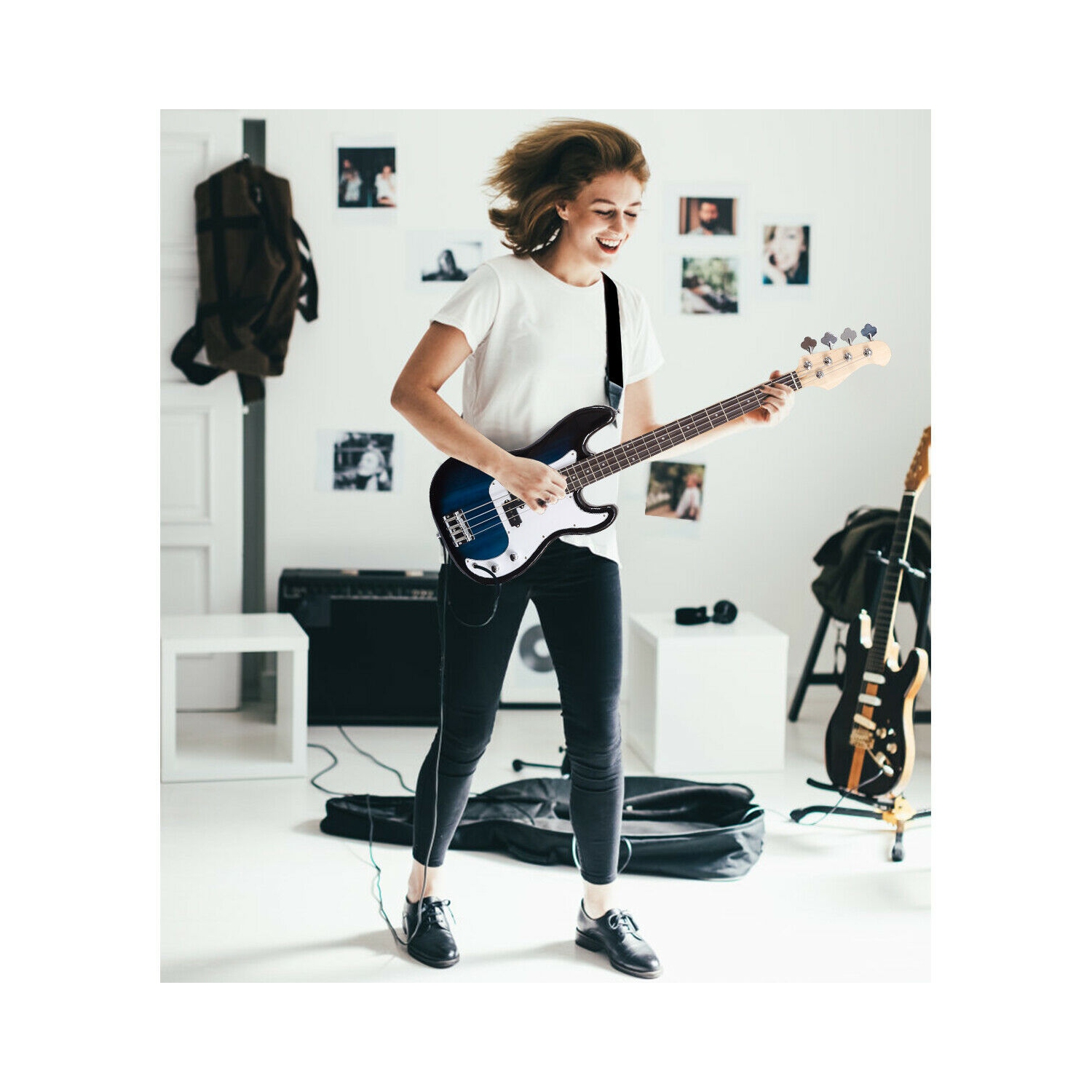 Gymax Electric Bass Guitar Full Size 4 String w/ Bag Strap Guitar Pick Amp Cord Blue