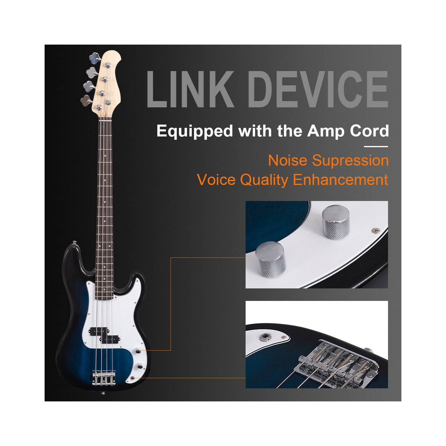 Gymax Electric Bass Guitar Full Size 4 String w/ Bag Strap Guitar Pick Amp Cord Blue