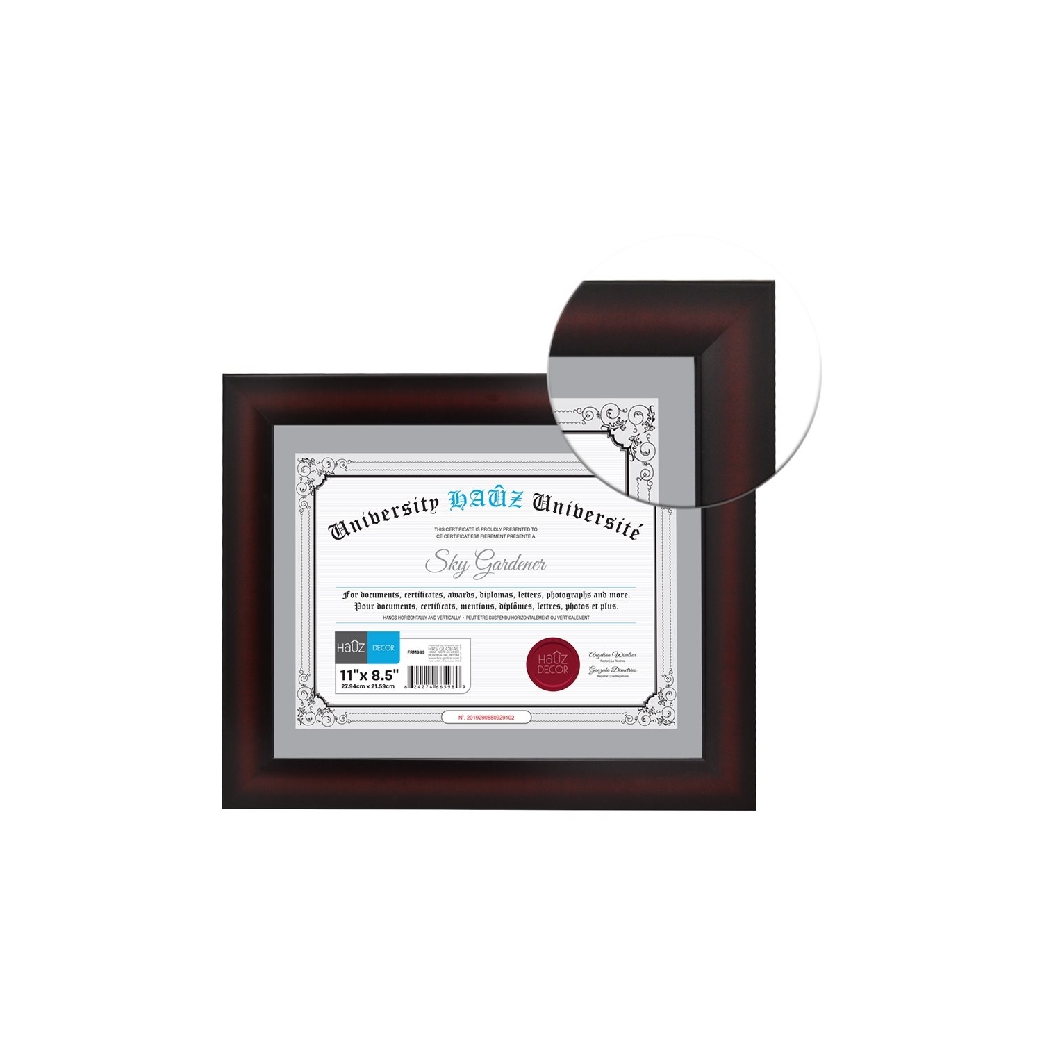 Cadre photo ou document de 8,5 x 11 po FRM989 de Hoz, brun