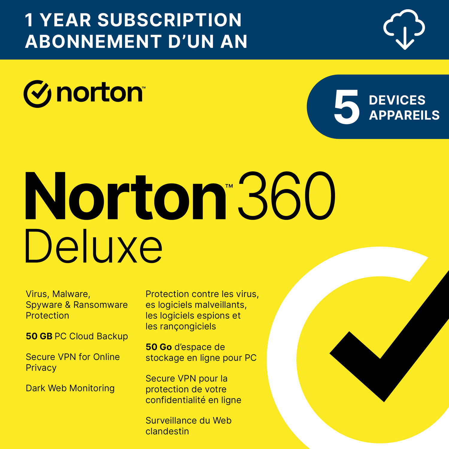Norton 360 Deluxe (PC/Mac) - 5 Devices - 50GB Cloud Backup - 1-Year Subscription - Digital Download