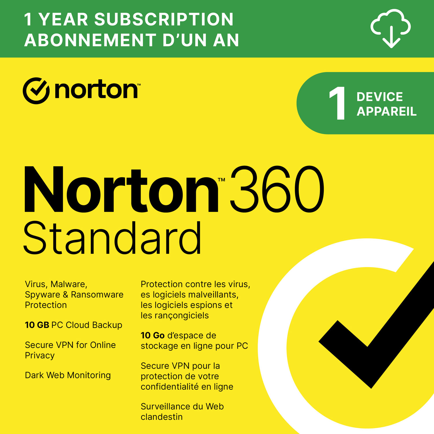 Norton 360 Standard (PC/Mac) - 1 Device - 10GB Cloud Backip - 1-Year Subscription - Digital Download