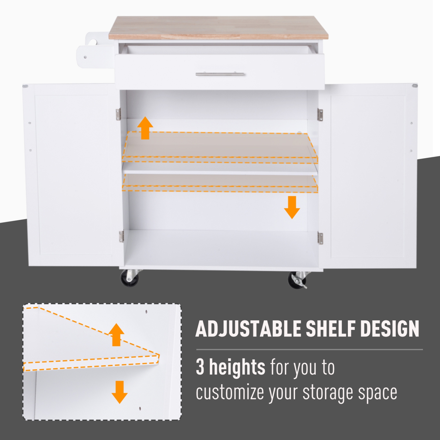 Îlot de cuisine à roulettes avec dessus en bois de HOMCOM, tiroir de rangement suffisamment spacieux avec tablettes porte-serviettes, chariot de