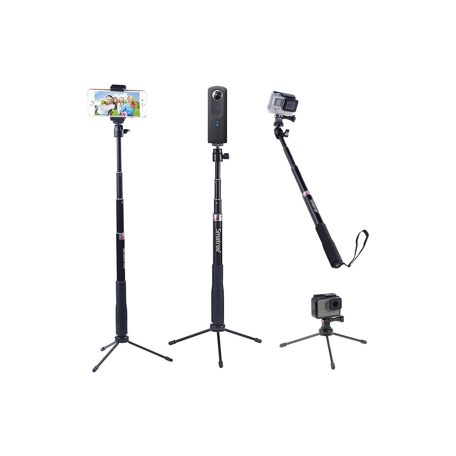 Smatree Selfie Stick with Tripod Stand for GoPro Hero Fusion7/6/5/4/3+/3/2/1/Session/GOPRO HERO 2018/Action Cameras,Ricoh Theta S/V, Compact Cameras
