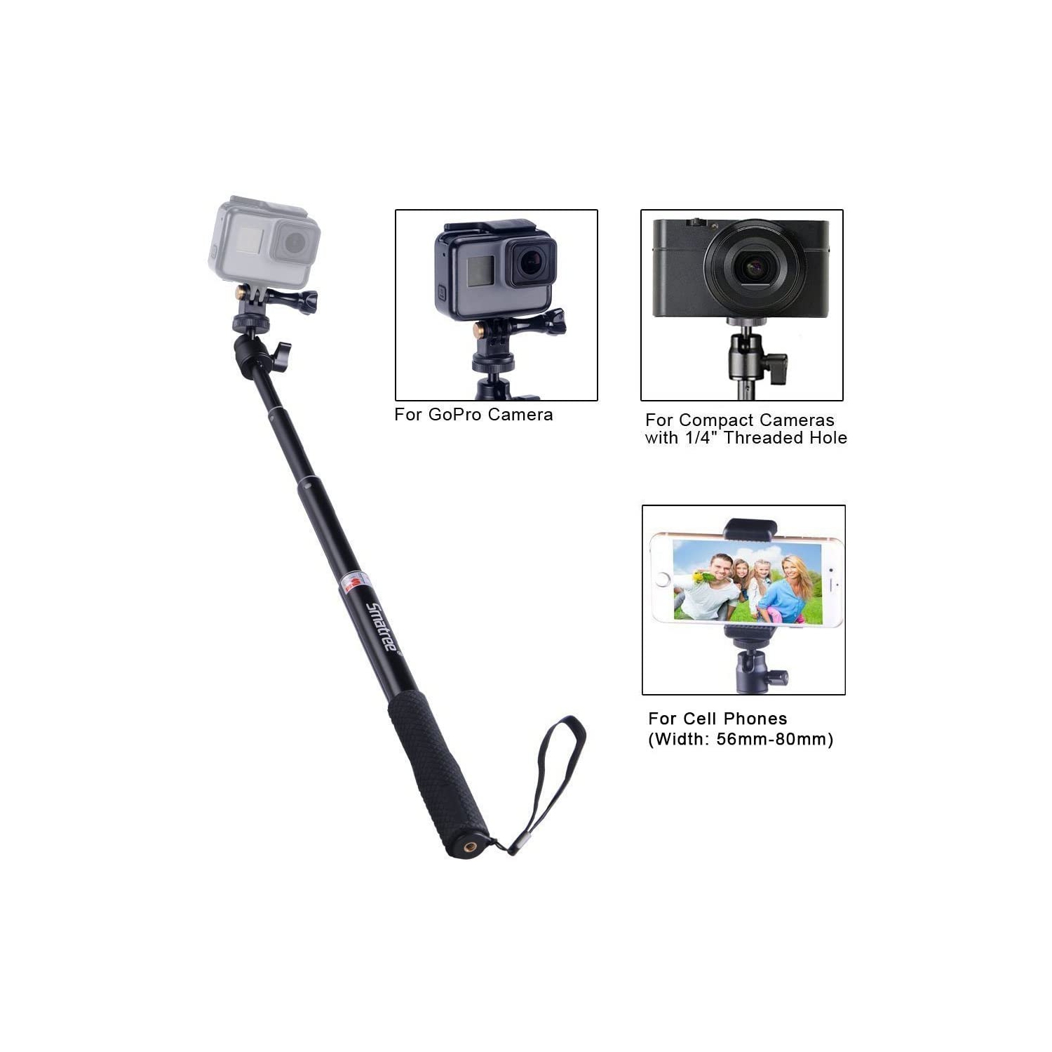 Smatree Selfie Stick with Tripod Stand for GoPro Hero Fusion7/6/5/4/3+/3/2/1/Session/GOPRO HERO 2018/Action Cameras,Ricoh Theta S/V, Compact Cameras