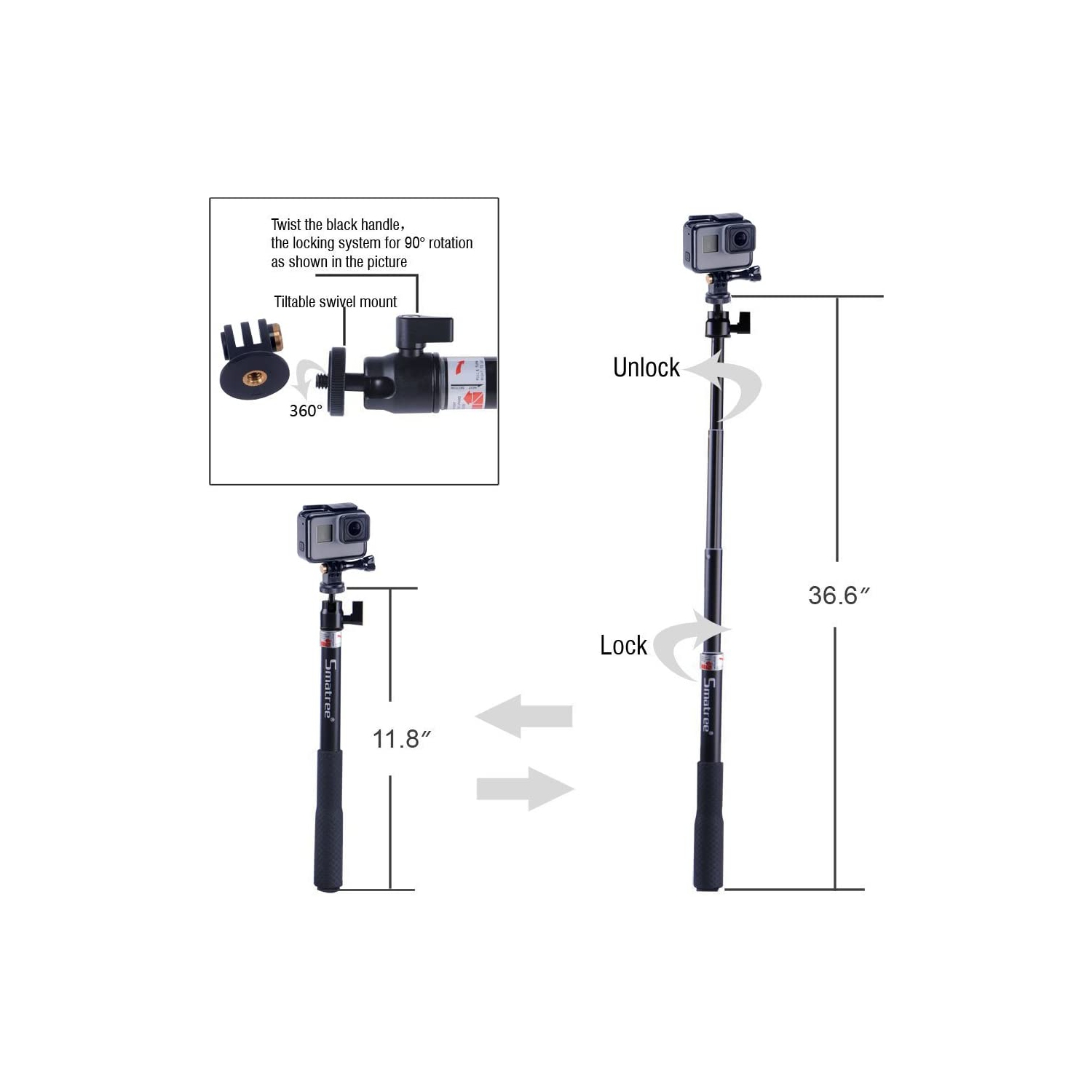 Smatree Selfie Stick with Tripod Stand for GoPro Hero Fusion7/6/5/4/3+/3/2/1/Session/GOPRO HERO 2018/Action Cameras,Ricoh Theta S/V, Compact Cameras
