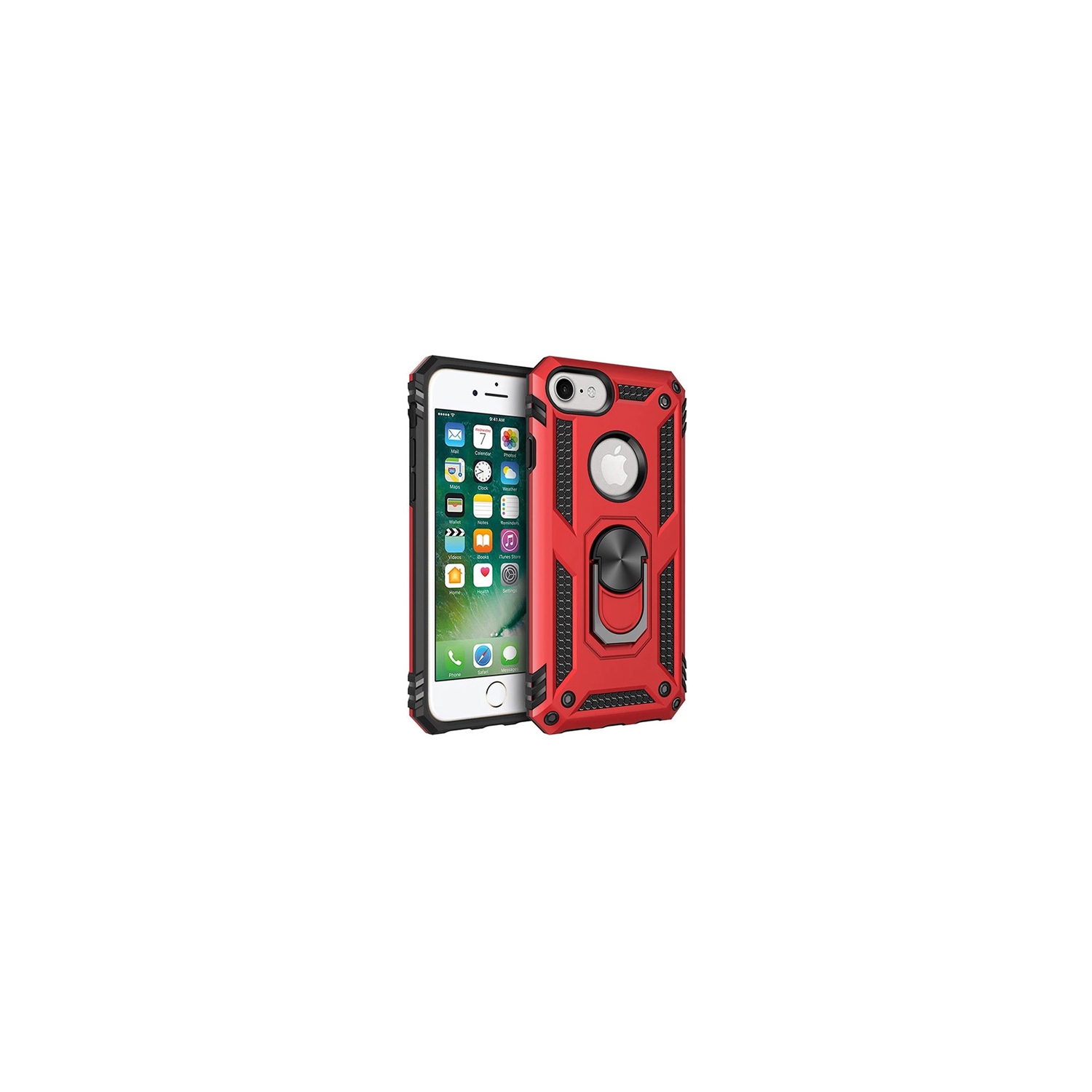 【CSmart】 Anti-Drop Hybrid Magnetic Hard Armor Case with Ring Holder for iPhone 7 / 8, Red