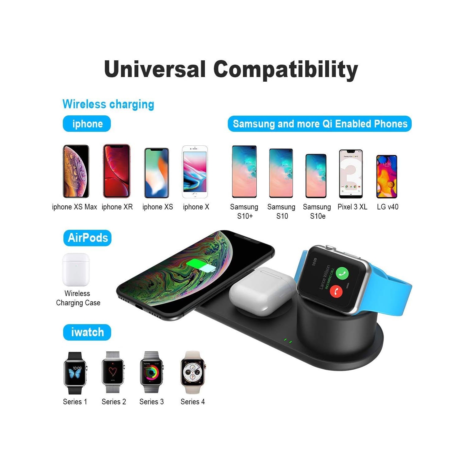 Chargeur sans fil 3-en-1 compatible avec les téléphones Qi Apple Watch Series 6/5/4/3/2/1, New iPhone SE 2020/iPhone 11/11 Pro/XS/XS Max/XR/X/Galaxy