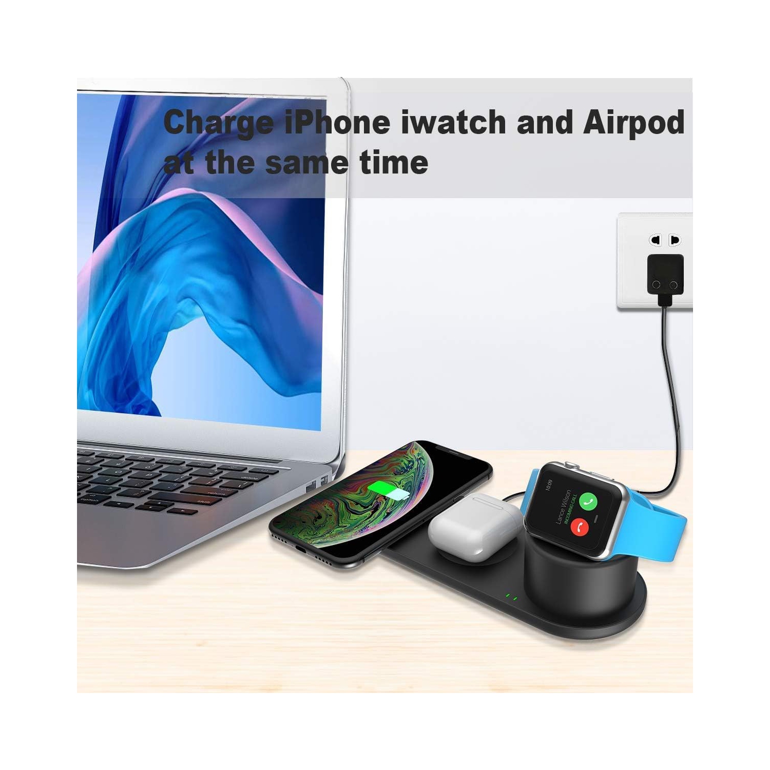 Chargeur sans fil 3-en-1 compatible avec les téléphones Qi Apple Watch Series 6/5/4/3/2/1, New iPhone SE 2020/iPhone 11/11 Pro/XS/XS Max/XR/X/Galaxy