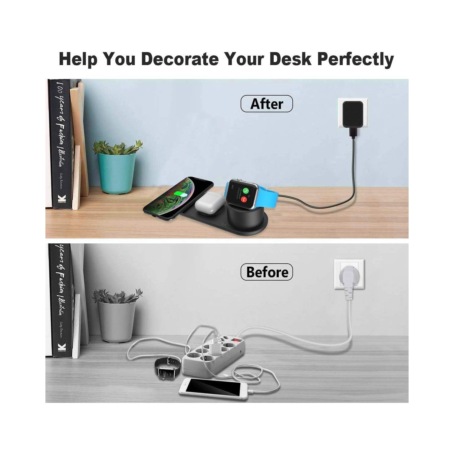 Chargeur sans fil 3-en-1 compatible avec les téléphones Qi Apple Watch Series 6/5/4/3/2/1, New iPhone SE 2020/iPhone 11/11 Pro/XS/XS Max/XR/X/Galaxy