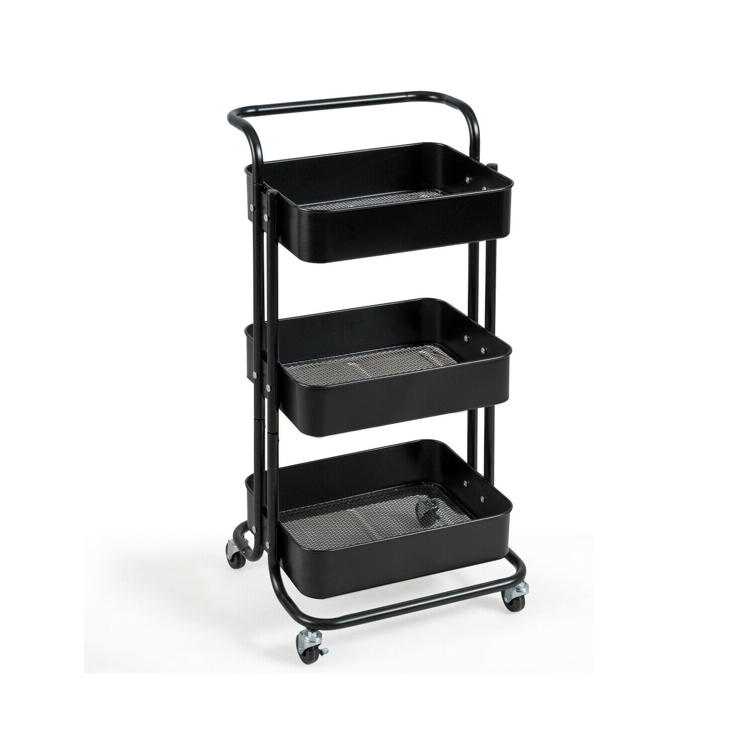 Gymax 32.5" 3-Tier Metal Rolling Storage Cart W/5 Brakes Kitchen Black