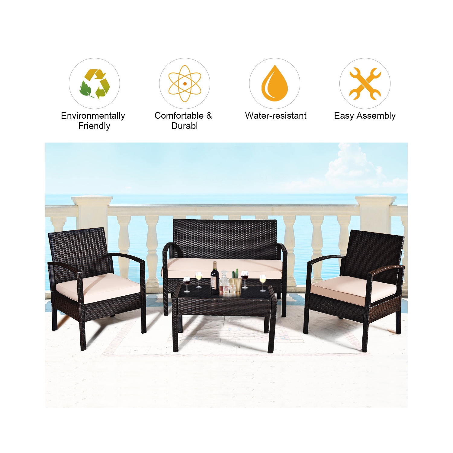 4PCS Ensemble de mobilier en rotin pour le patio Canapé, fauteuil table en verreGymax