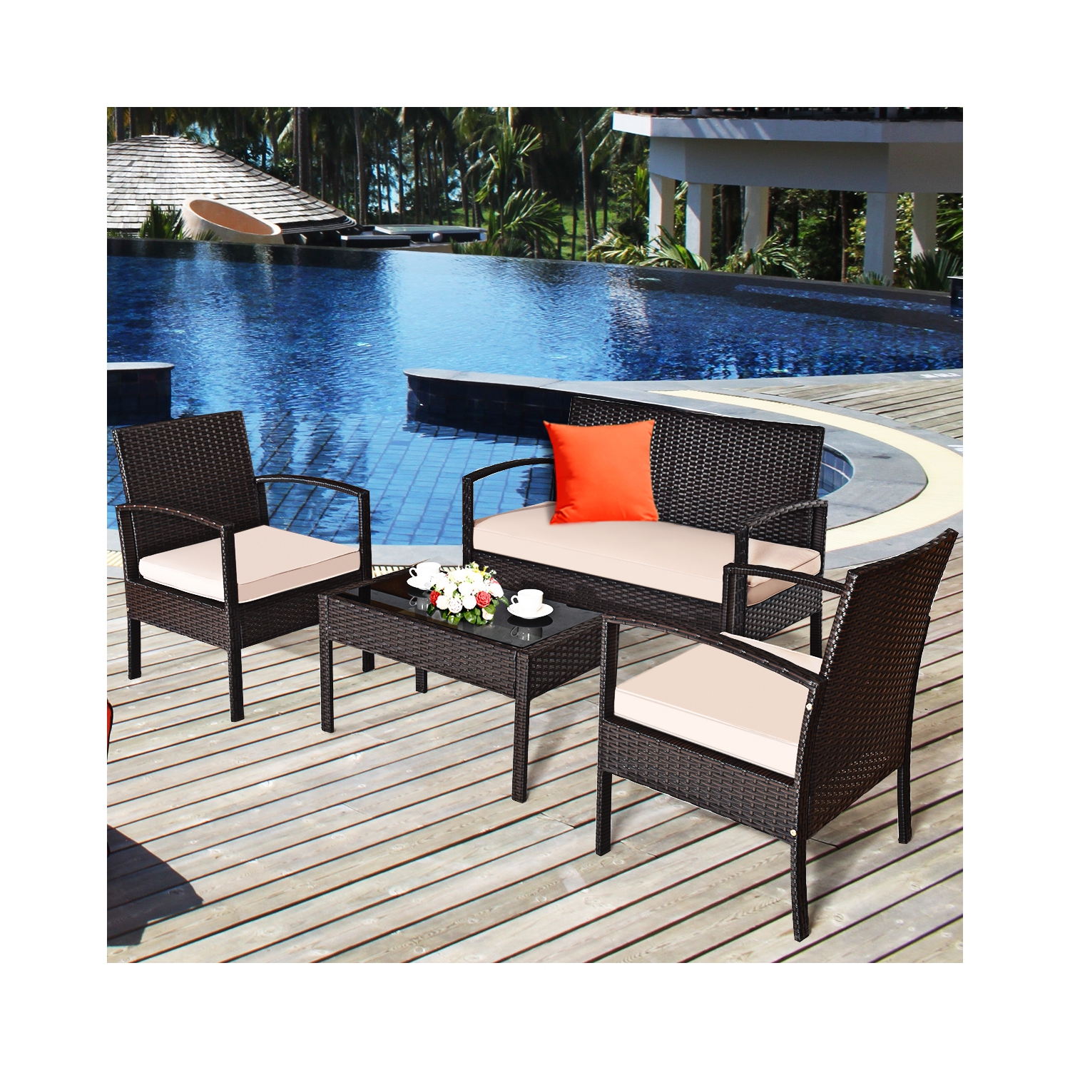 4PCS Ensemble de mobilier en rotin pour le patio Canapé, fauteuil table en verreGymax