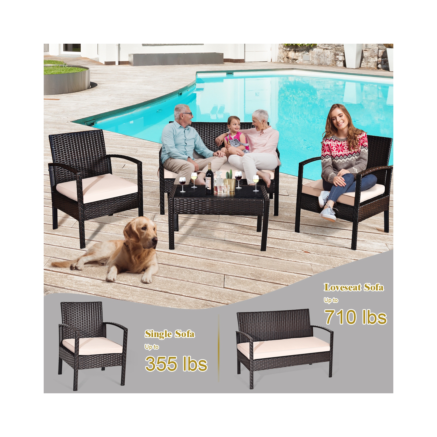 4PCS Ensemble de mobilier en rotin pour le patio Canapé, fauteuil table en verreGymax