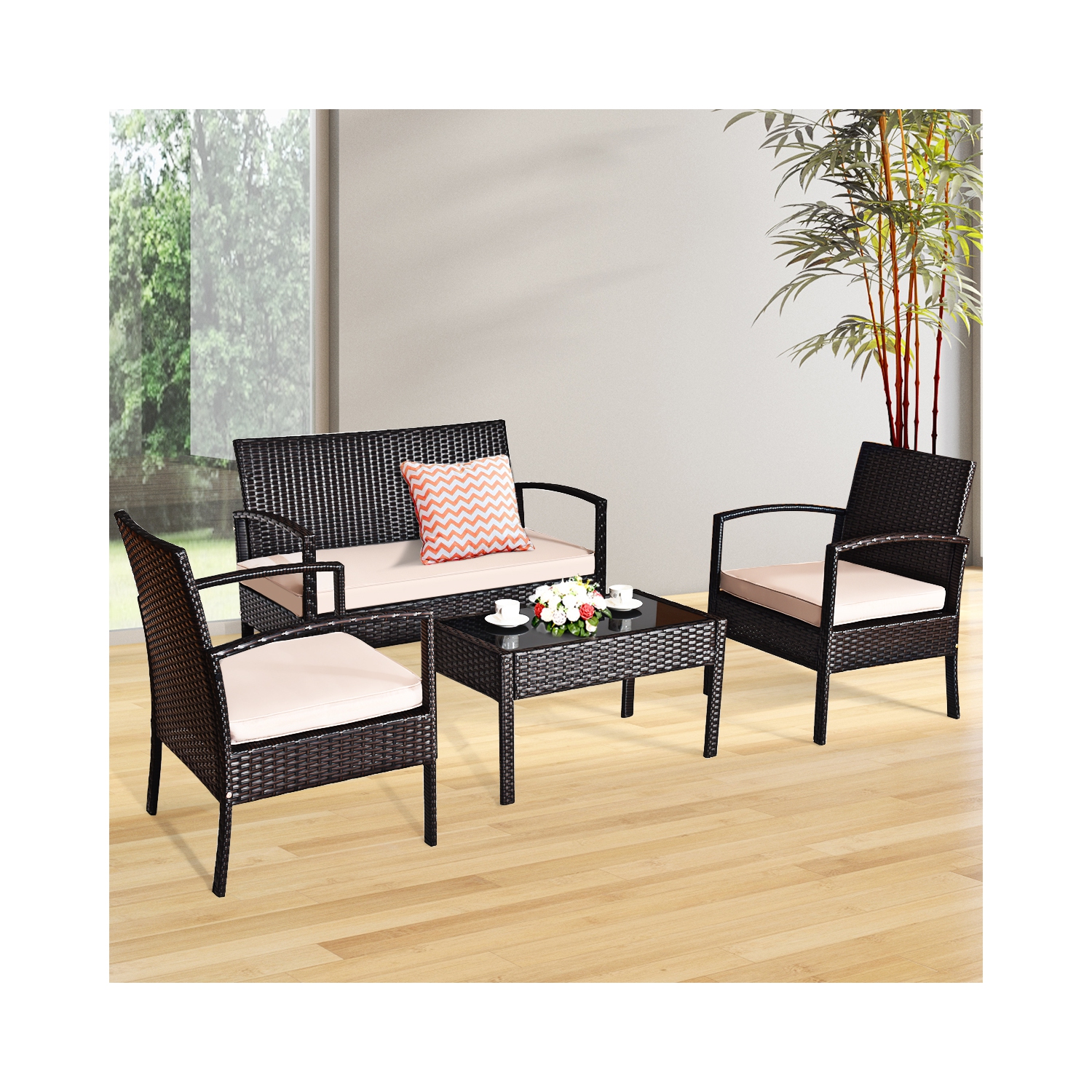 4PCS Ensemble de mobilier en rotin pour le patio Canapé, fauteuil table en verreGymax