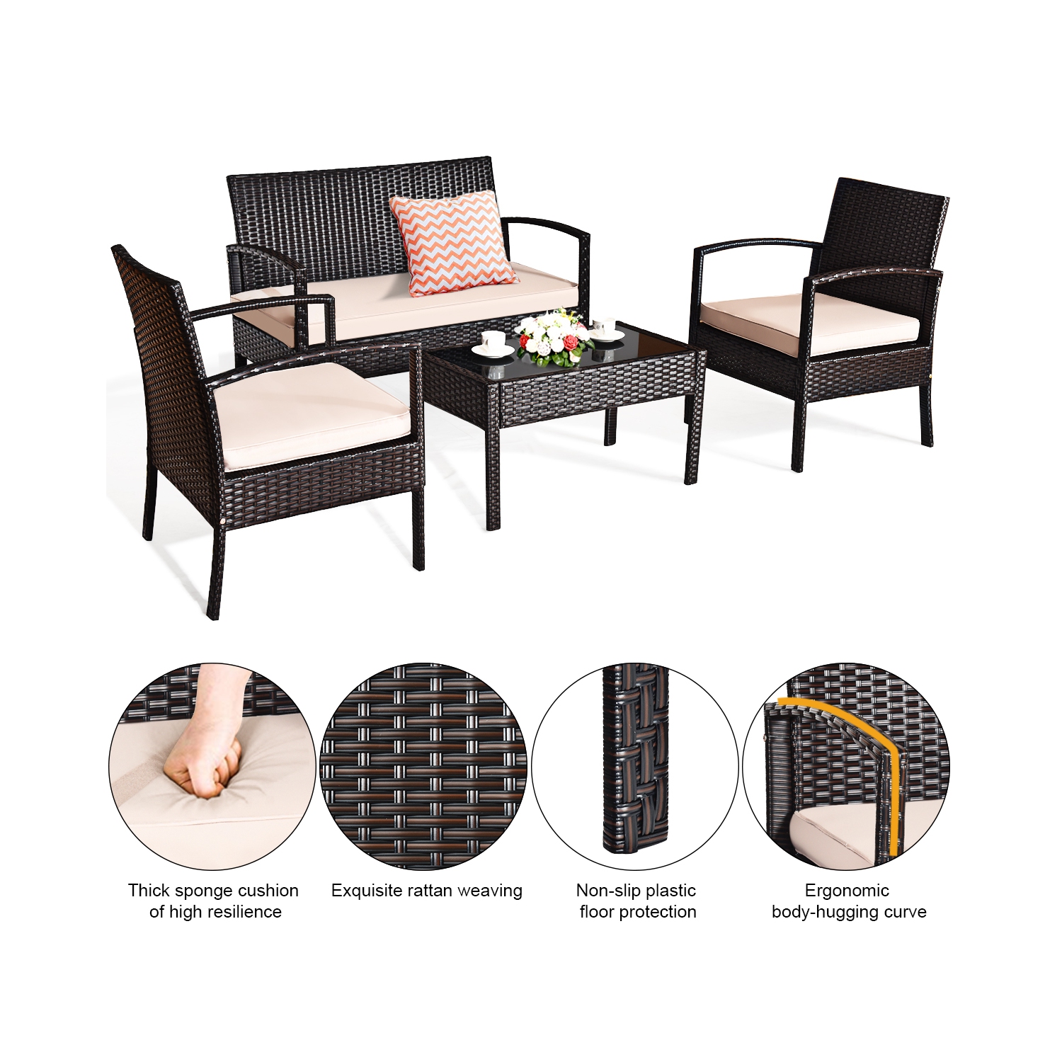 4PCS Ensemble de mobilier en rotin pour le patio Canapé, fauteuil table en verreGymax