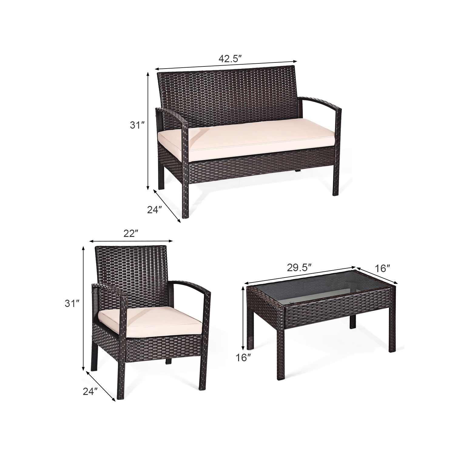 4PCS Ensemble de mobilier en rotin pour le patio Canapé, fauteuil table en verreGymax