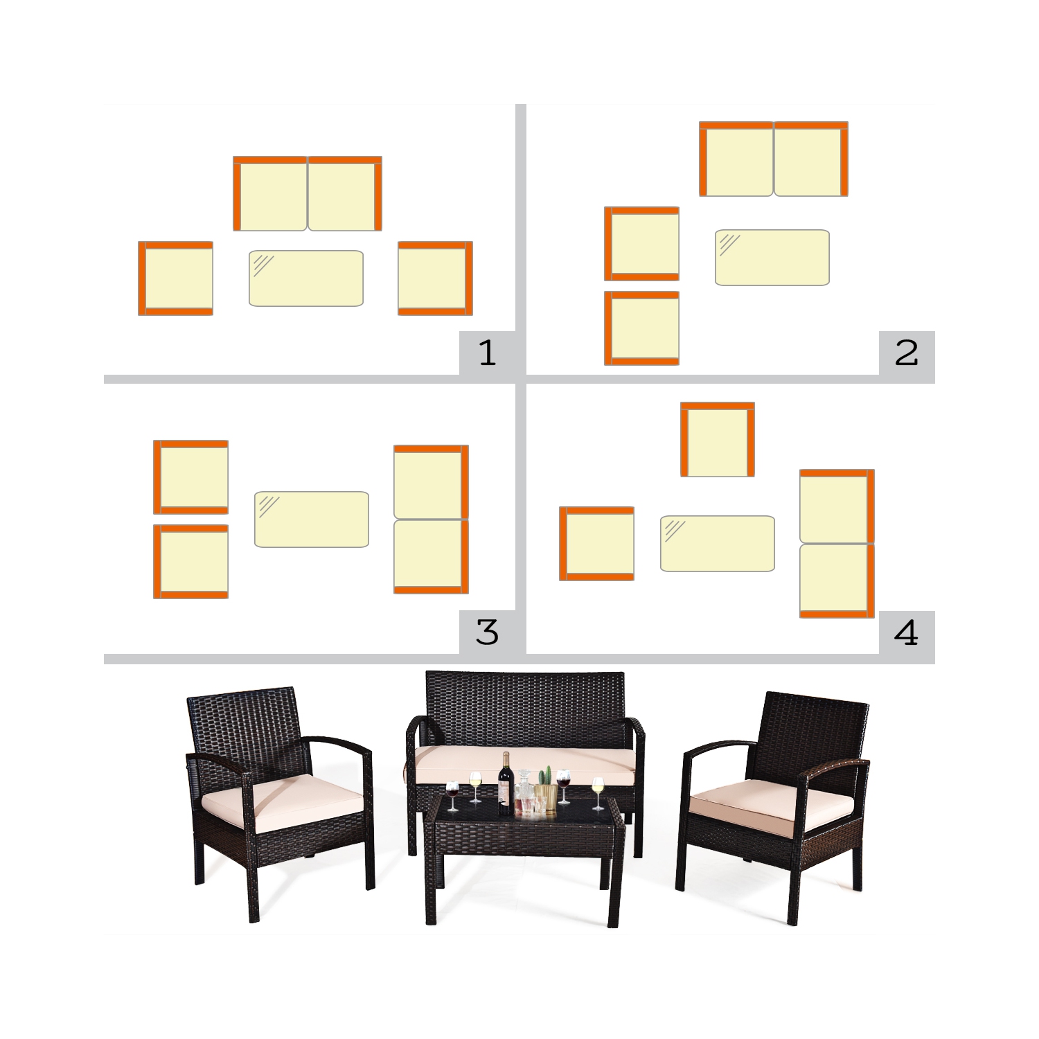 4PCS Ensemble de mobilier en rotin pour le patio Canapé, fauteuil table en verreGymax