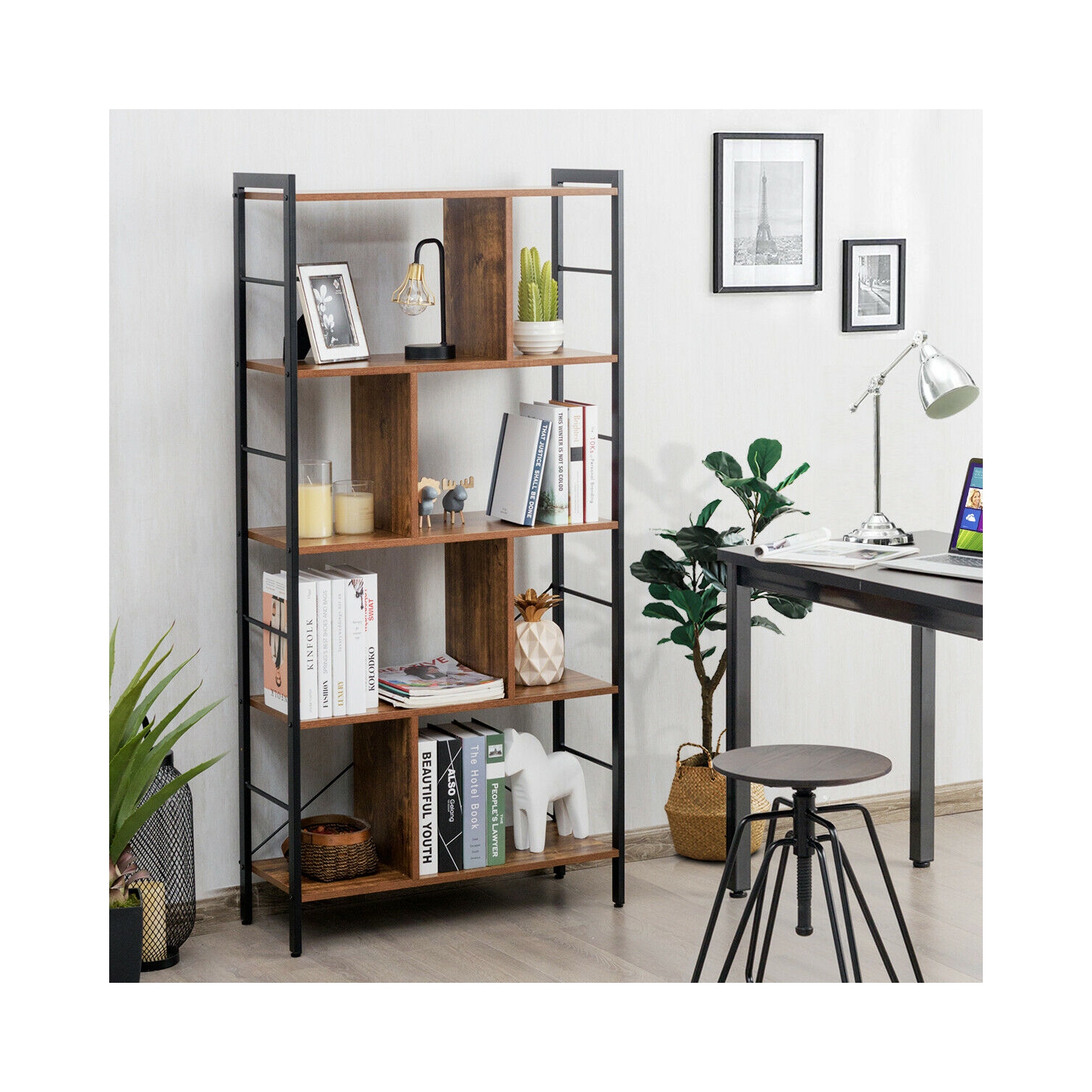 Gymax 4-Tier Bookcase Industrial Bookshelf Floor Standing Storage Rack