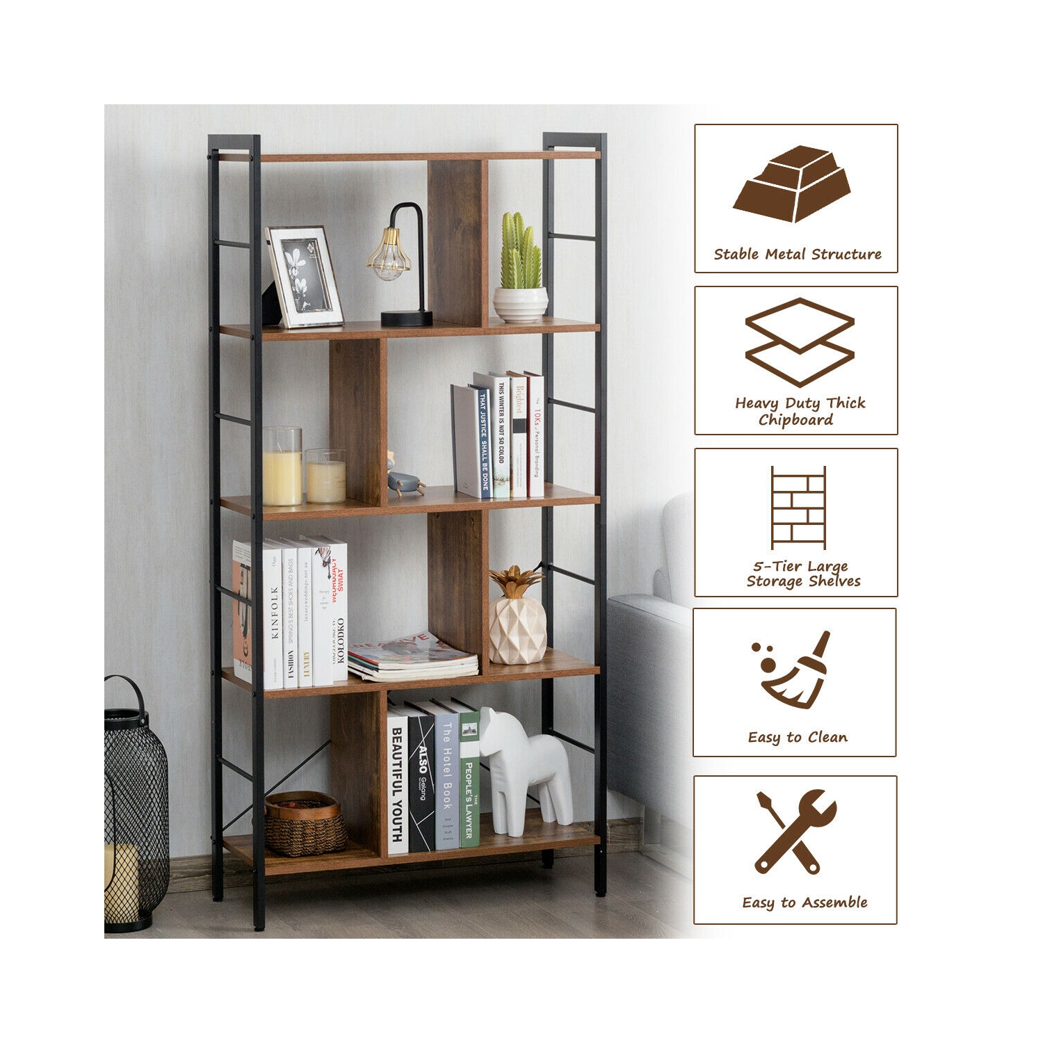 Gymax 4-Tier Bookcase Industrial Bookshelf Floor Standing Storage Rack