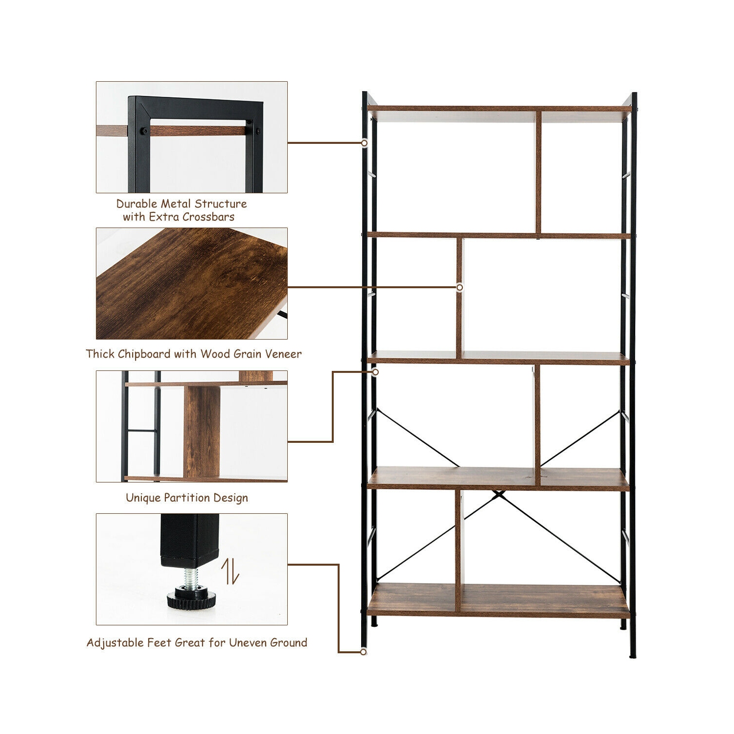 Gymax 4-Tier Bookcase Industrial Bookshelf Floor Standing Storage Rack