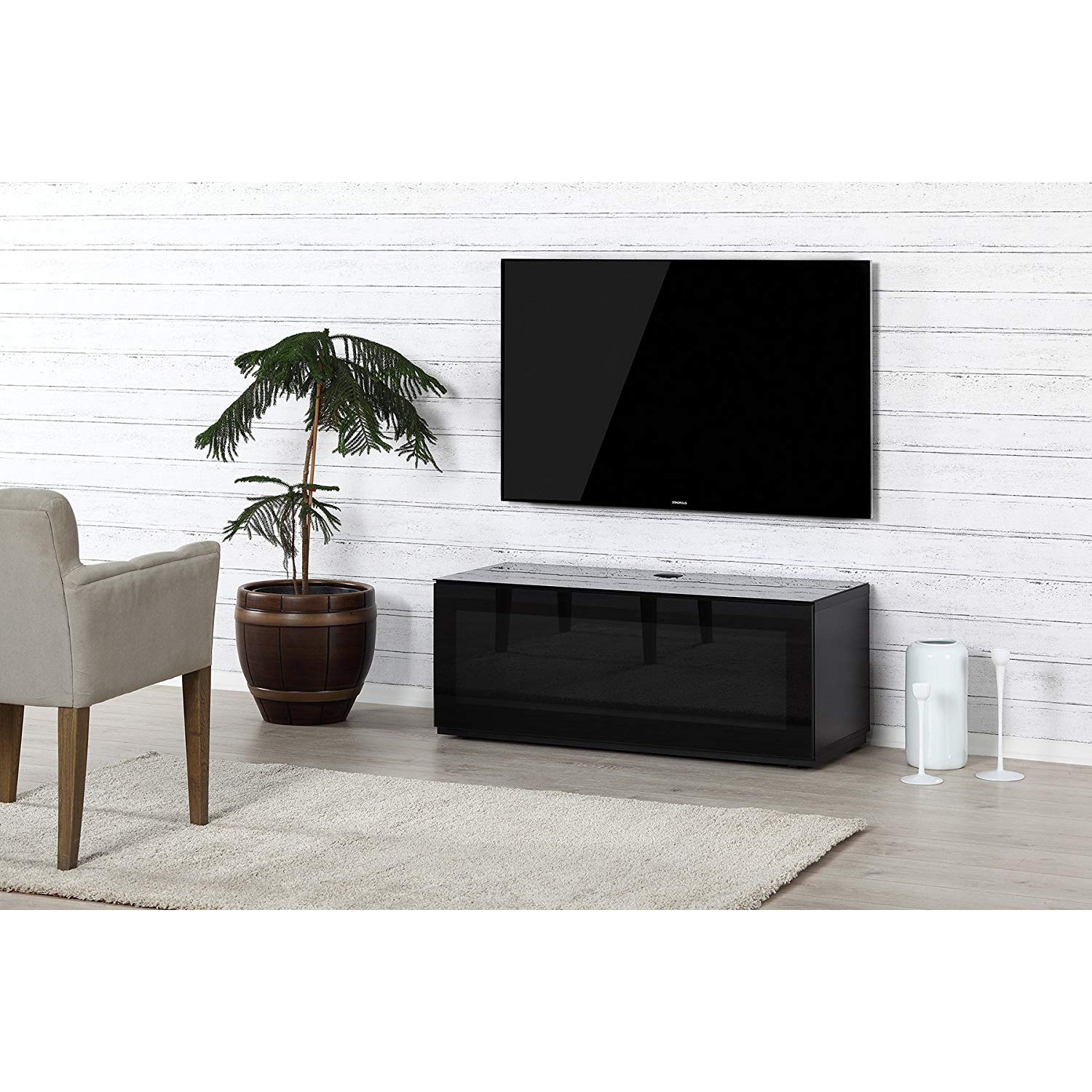 SONOROUS Studio ST-110B Wood and Glass Modern TV Stand with Hidden Wheels for Sizes up to 65" - Black
