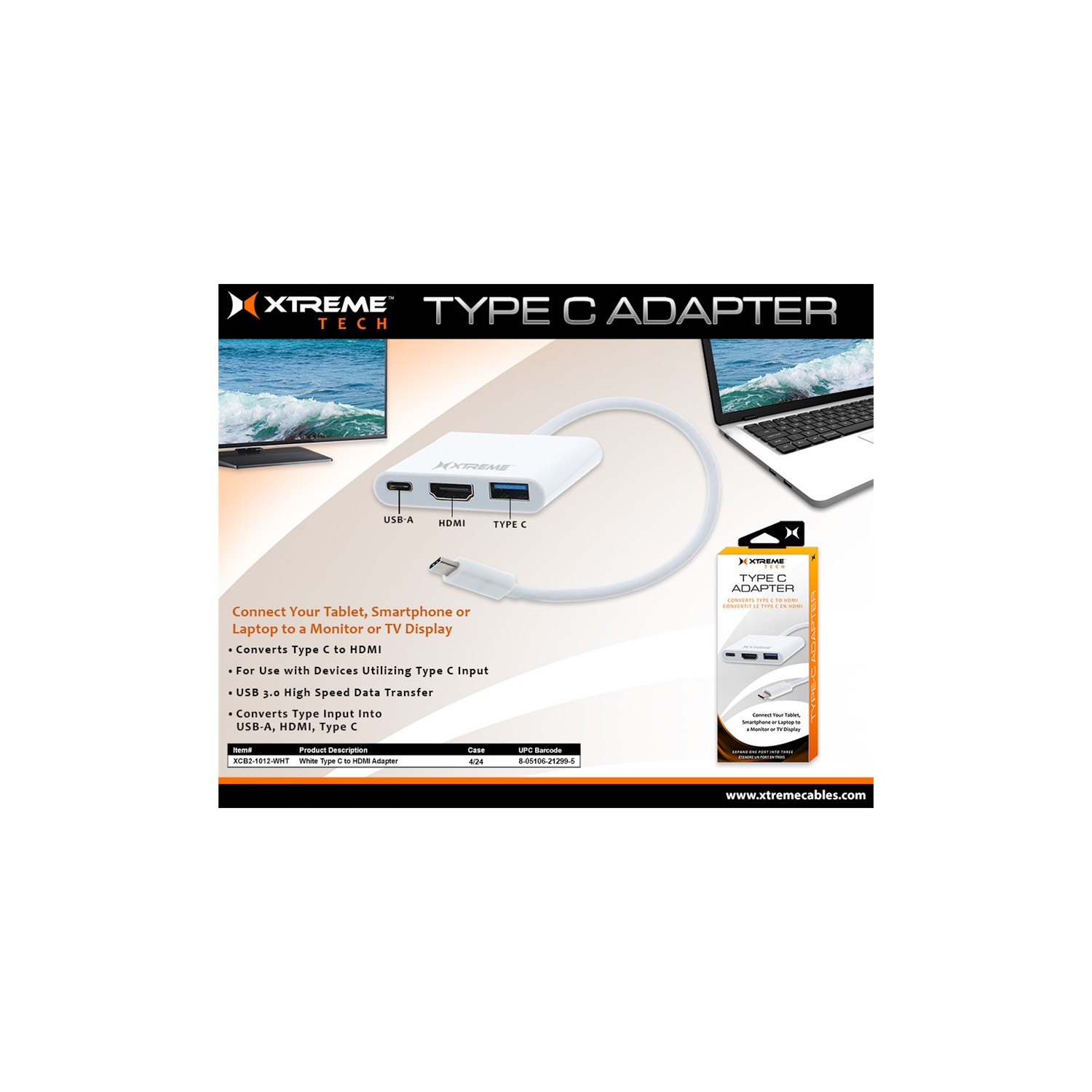 Xtreme XCB2-1012-WHT Adapteur Type-C Multiport , HDMI 4K, USB-A et Type-C, Blanc