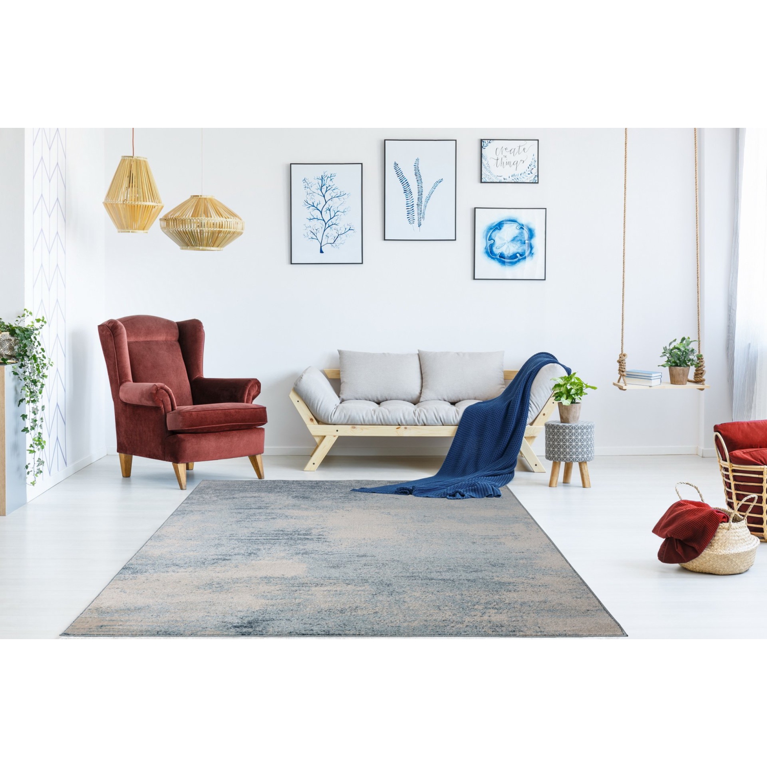 Ladole Rugs Unique Abstract Style Modern Durable Indoor Blue Ivory Rustic Area Rug Carpet, 7x9