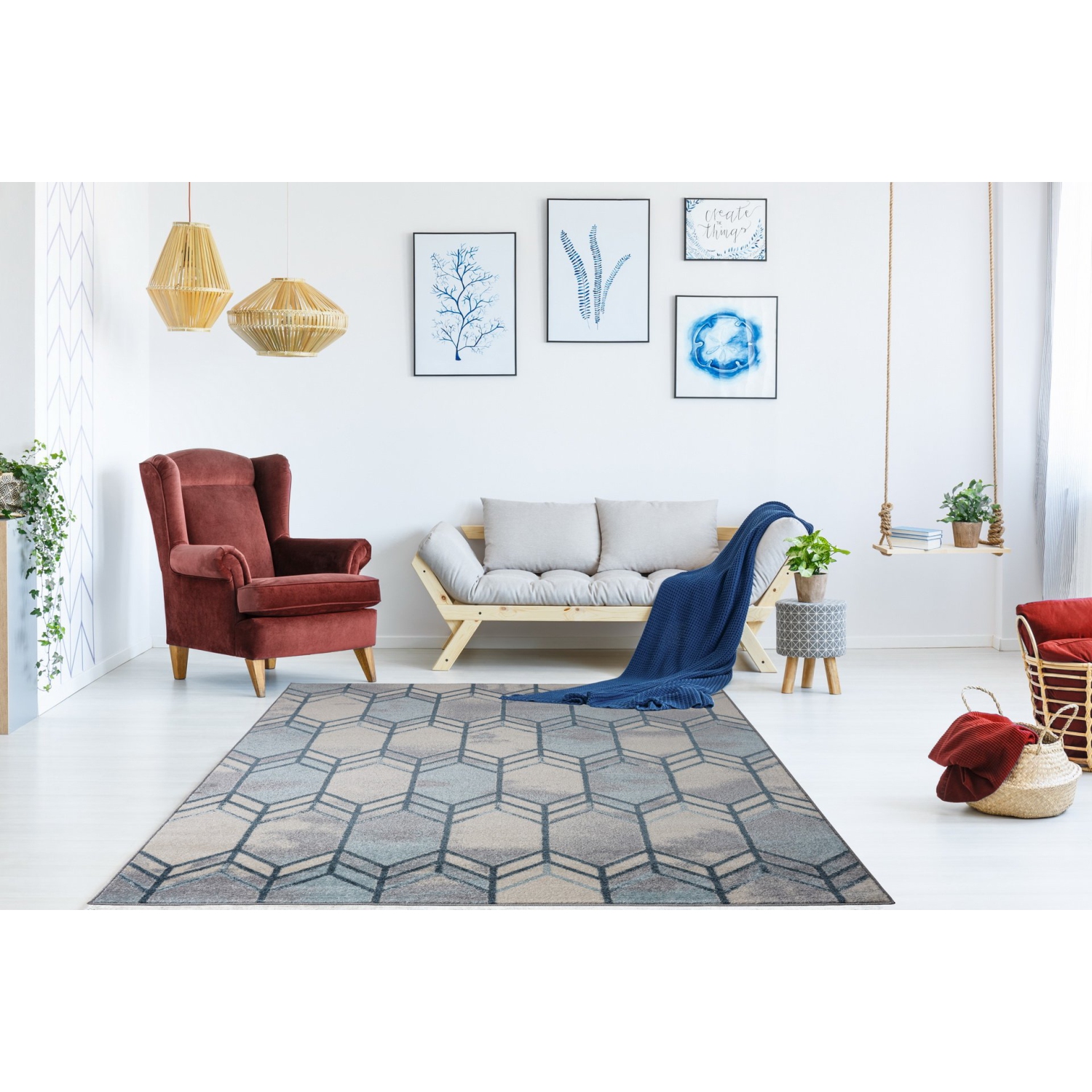 Ladole Rugs Stella Geometric Design Indoor Ivory Blue Grey Honeycomb Area Rug Carpet, 5x7
