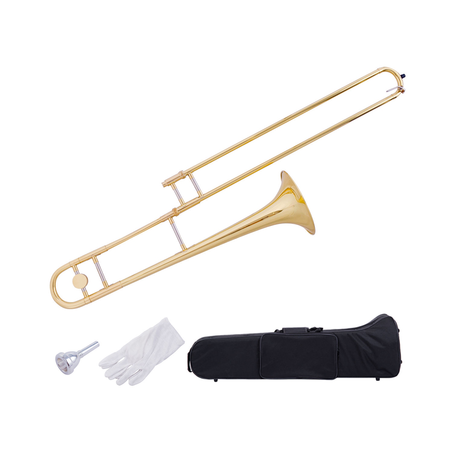 Gymax B Flat Trombone Gold Brass with Mouthpiece Case Gloves for Beginners Students