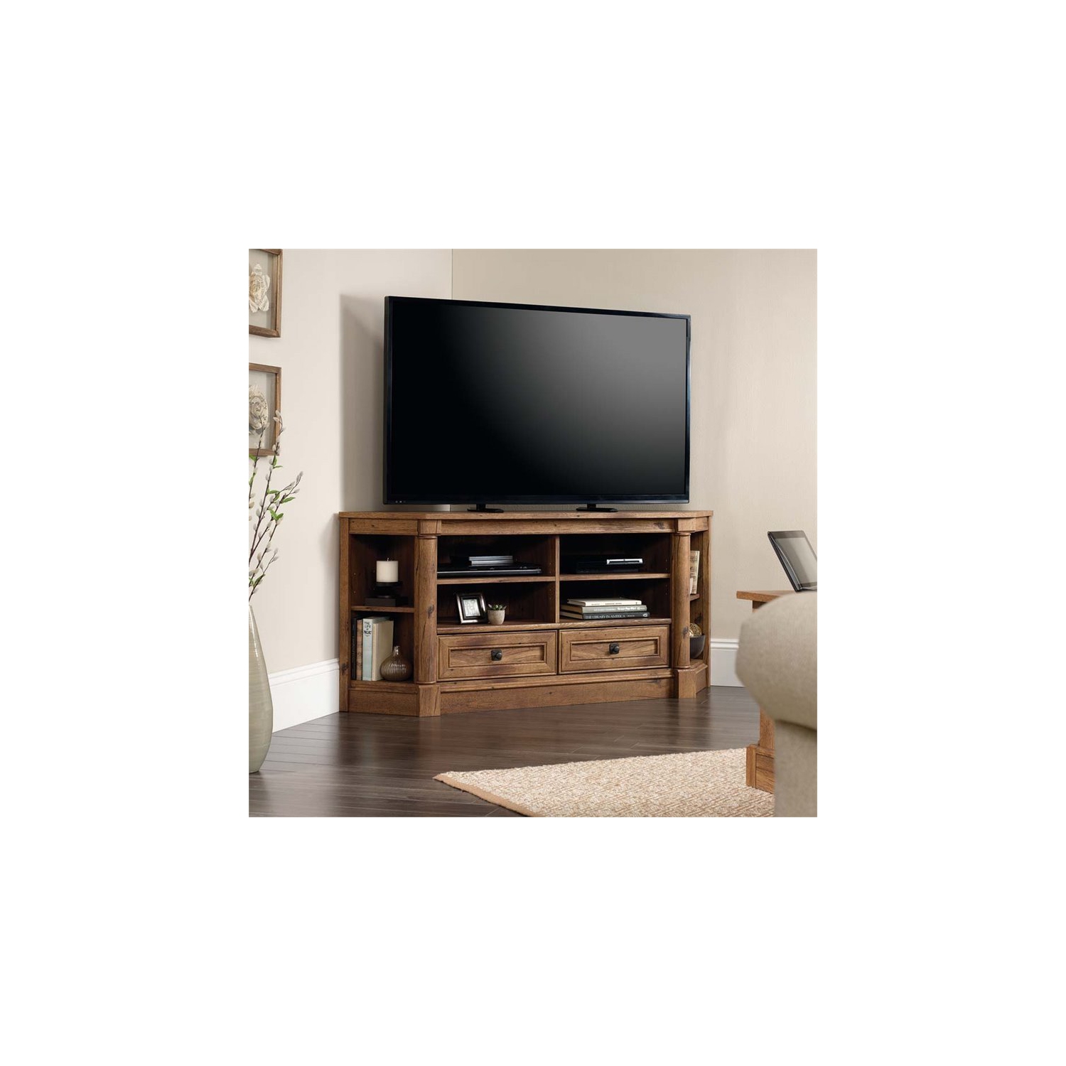 Meuble en coin contemporain en bois d’ingénierie Palladia de Sauder pour téléviseur de 60 po - Chêne rétro