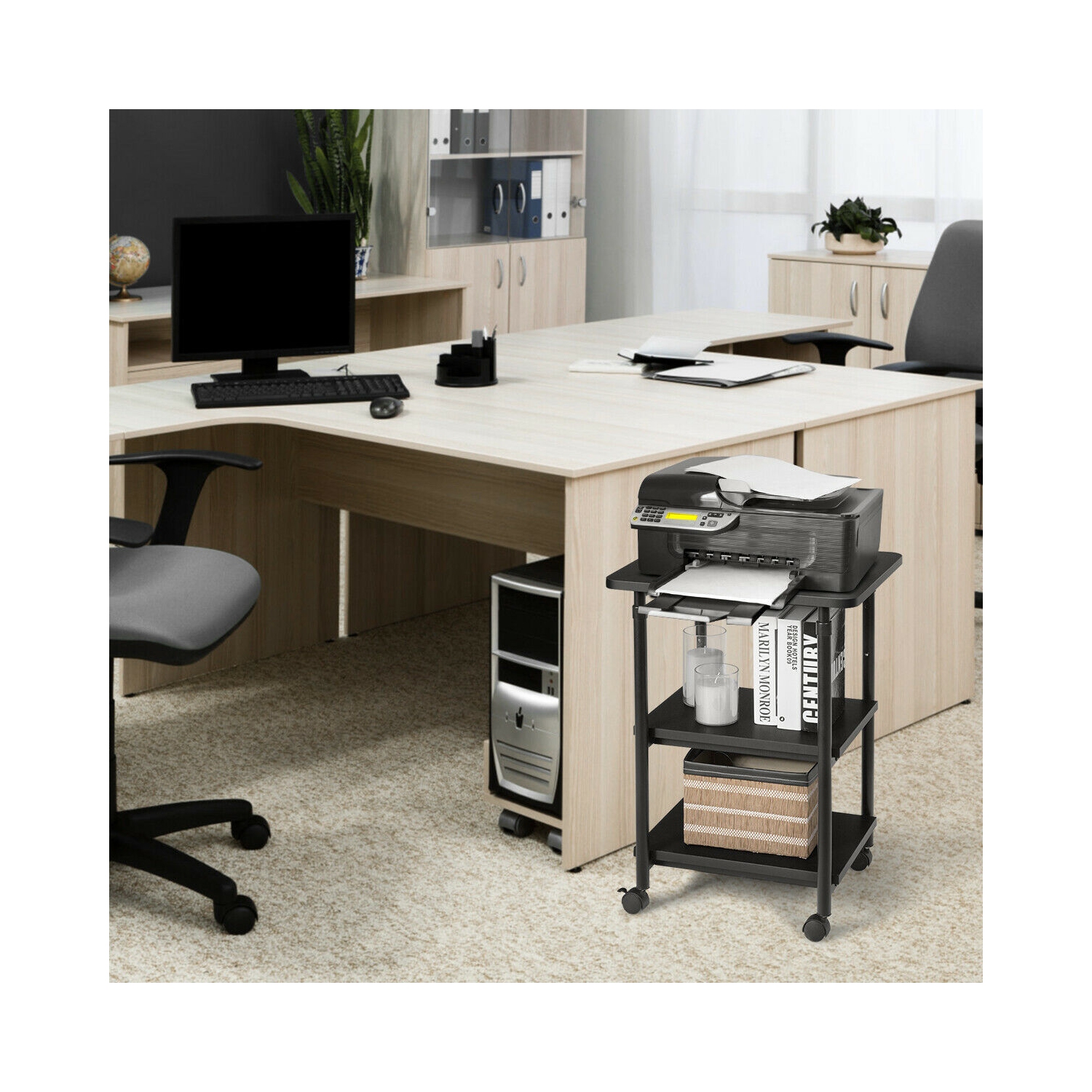 Gymax 3-Tier Rolling Adjustable Printer Cart Storage Rack Home Office