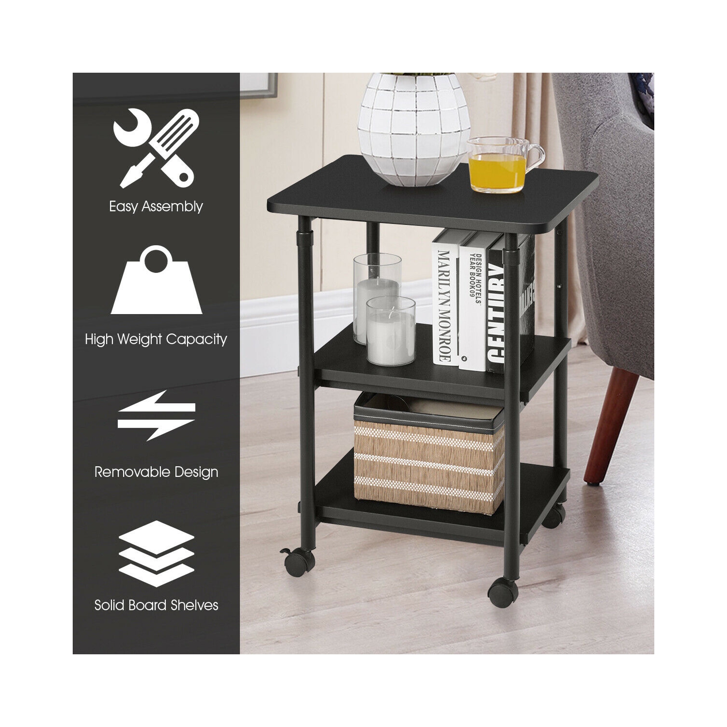 Gymax 3-Tier Rolling Adjustable Printer Cart Storage Rack Home Office