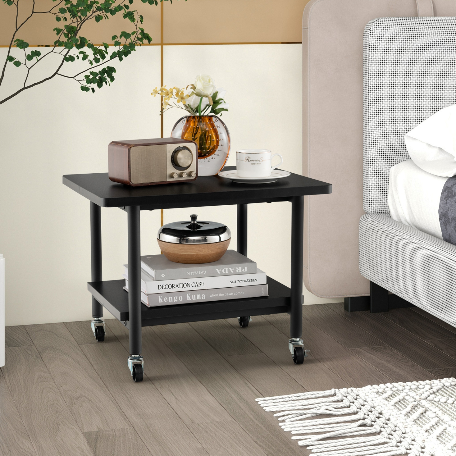 Gymax Printer Stand w/ Storage Under Desk Printer Table w/ 4 Wheels Black