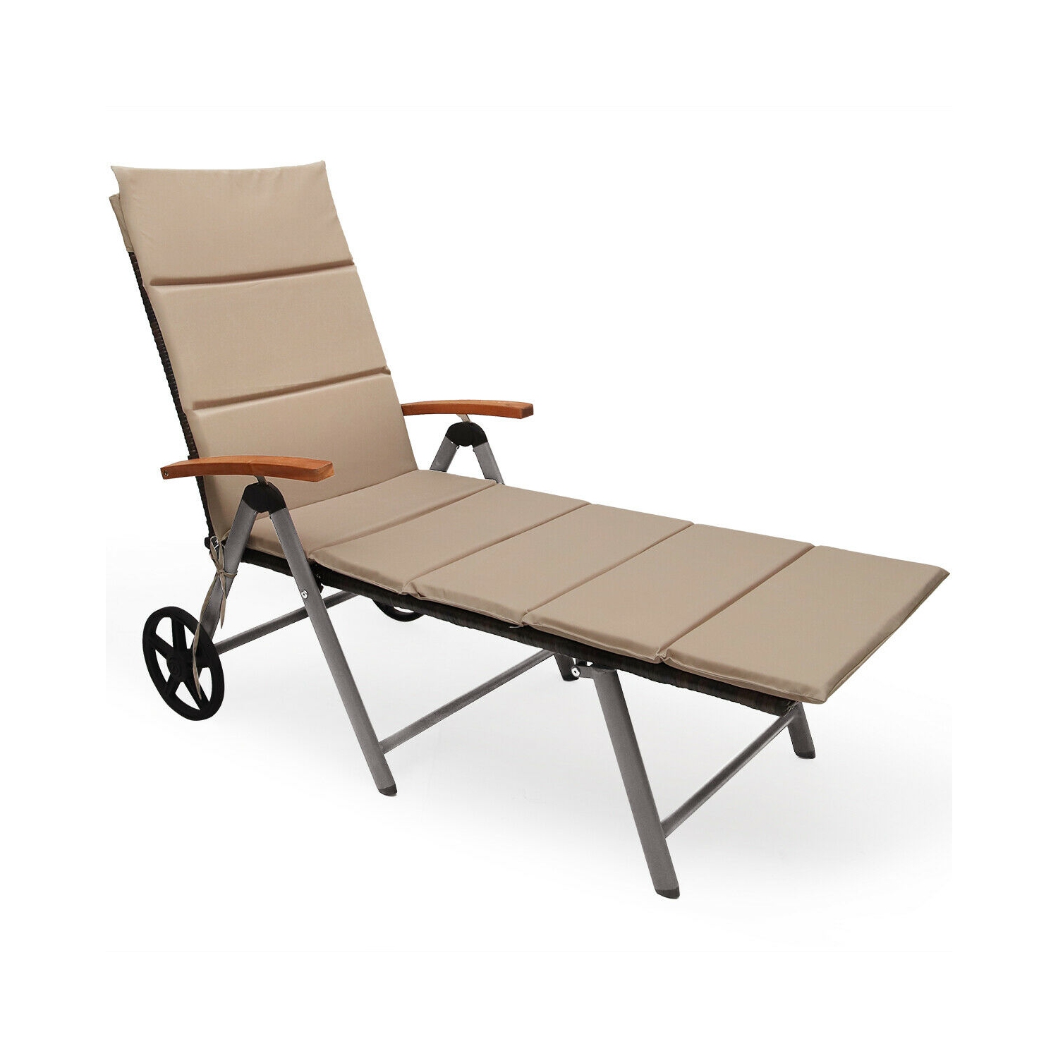 Gymax Folding Patio Rattan Lounge Chair Chaise Cushioned Aluminum Adjust Wheel