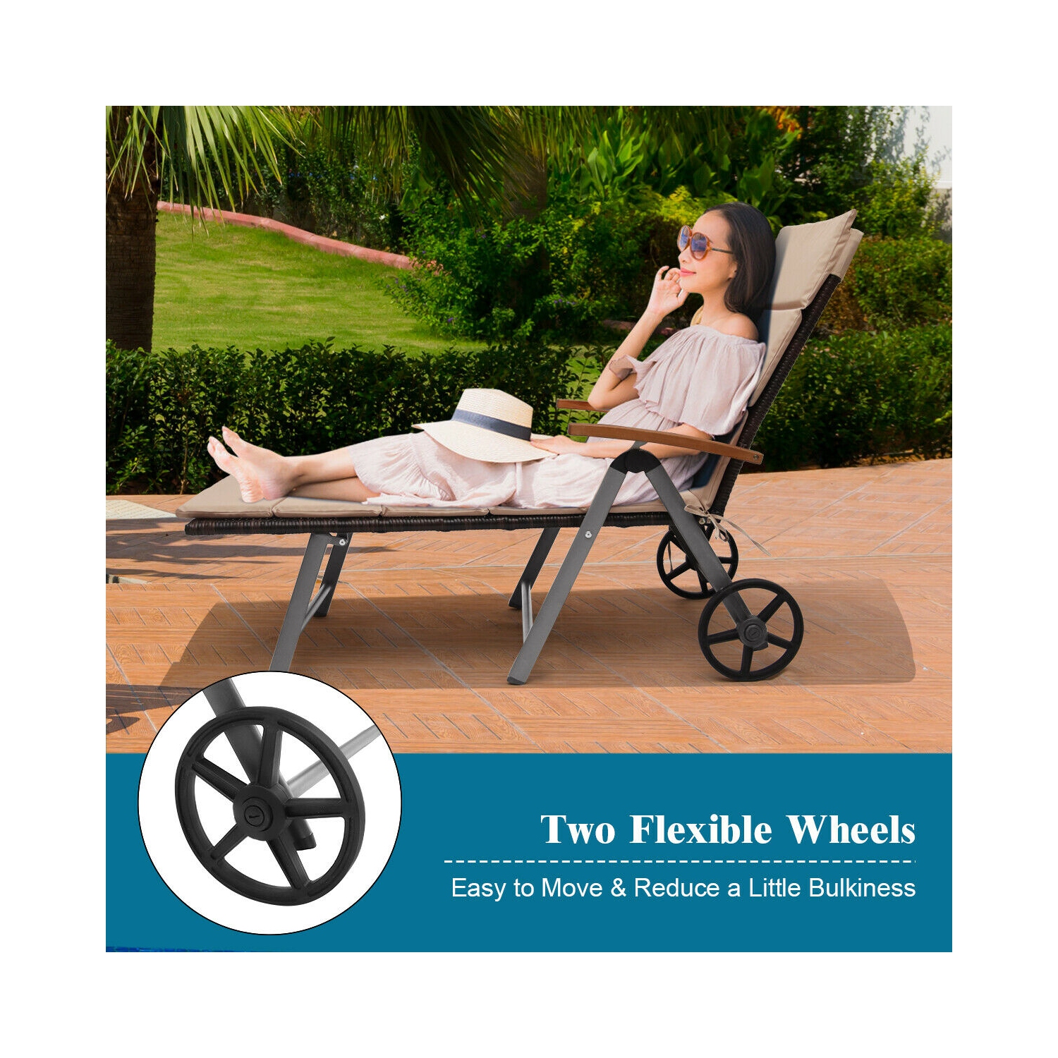 Gymax Folding Patio Rattan Lounge Chair Chaise Cushioned Aluminum Adjust Wheel